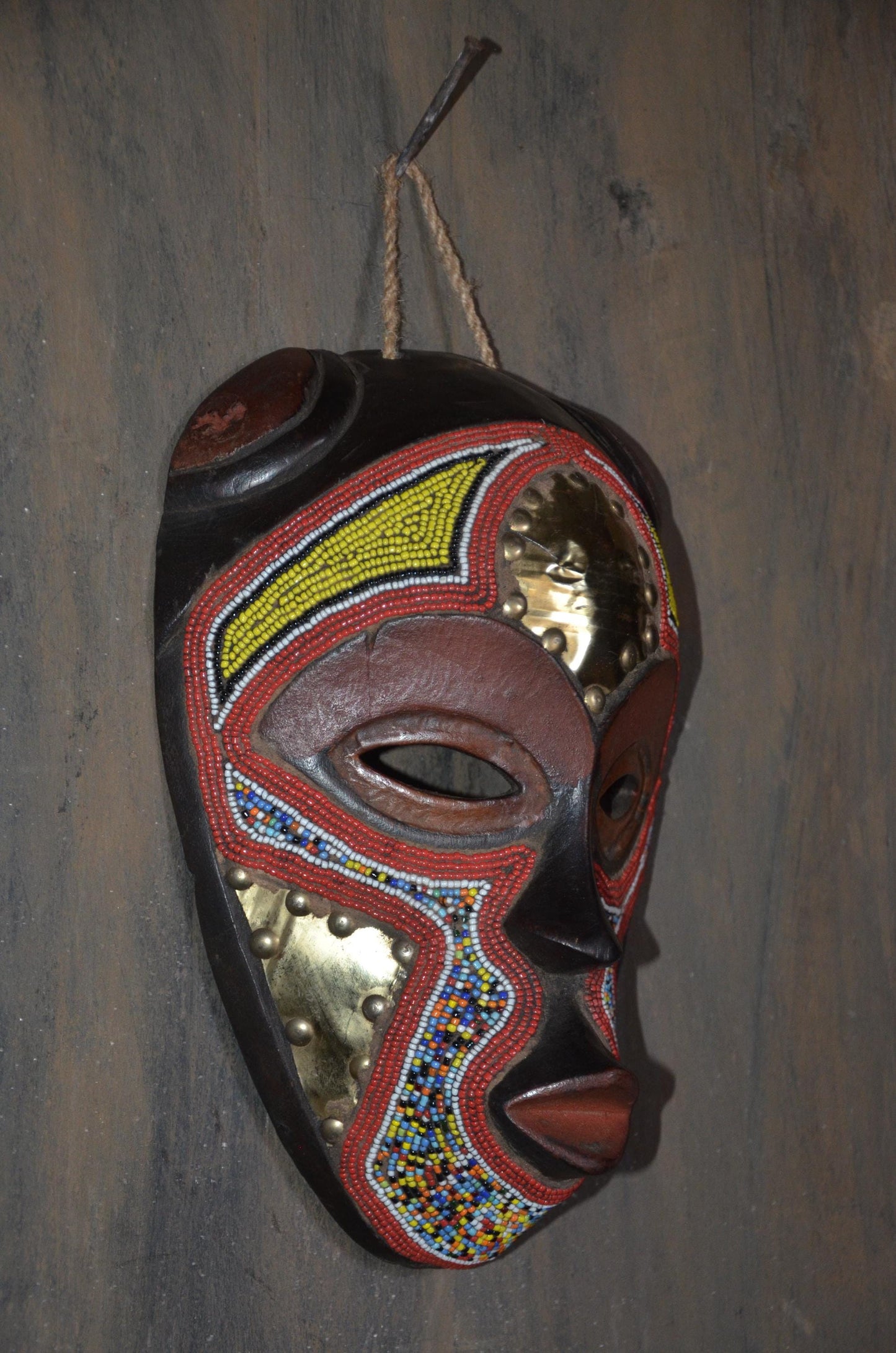 Marka Beaded Mask – 13" Hand-Carved Wood & Brass Mask – Mali Tribal Decor.