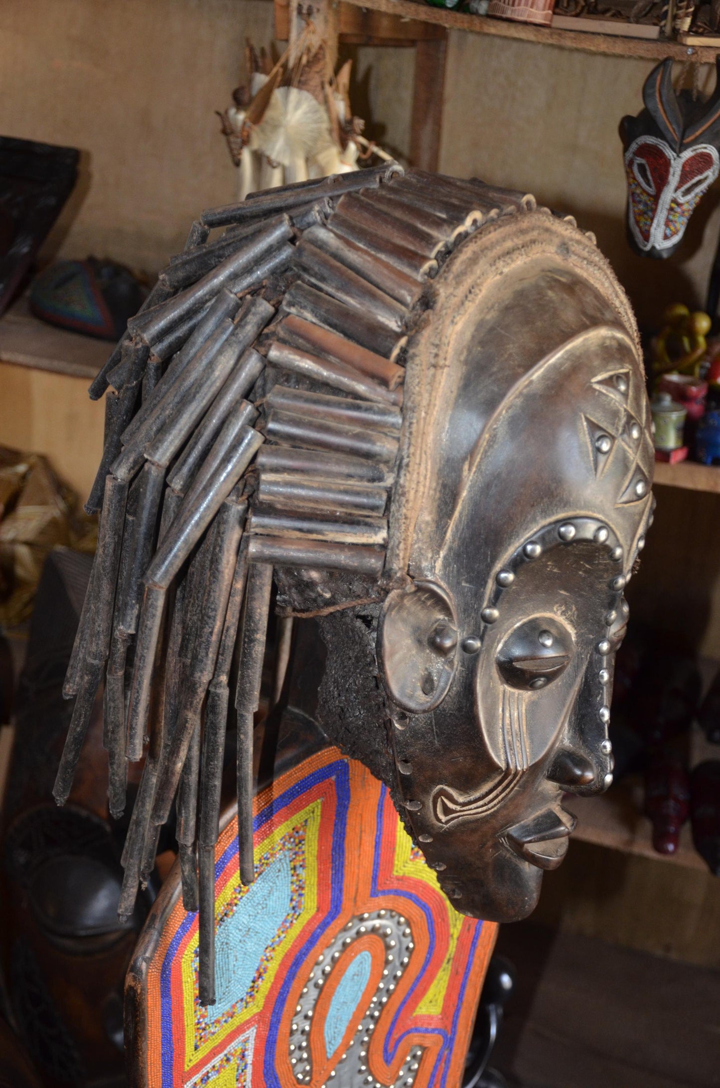 Authentic African Chokwe Mwana Pwo Mask - 19" Beaded Stand Display, Metallic Stud Details, Elegant Angola Tribal Wood Carving.