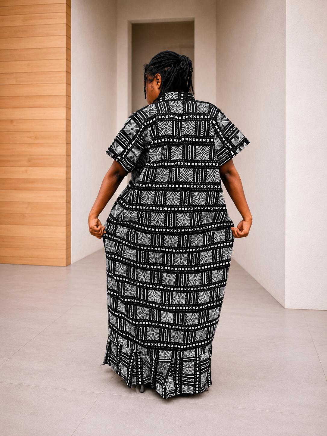 Black & White Box-Pattern Shirt Kaftan | Buttoned Tribal Boubou, Monochromatic Maxi