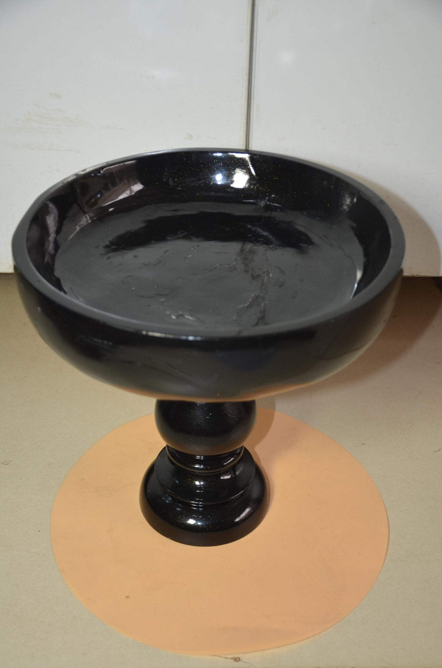 Pedestal Black Wooden Fruit Bowl | Glossy Black & Gold Footed Serving Dish