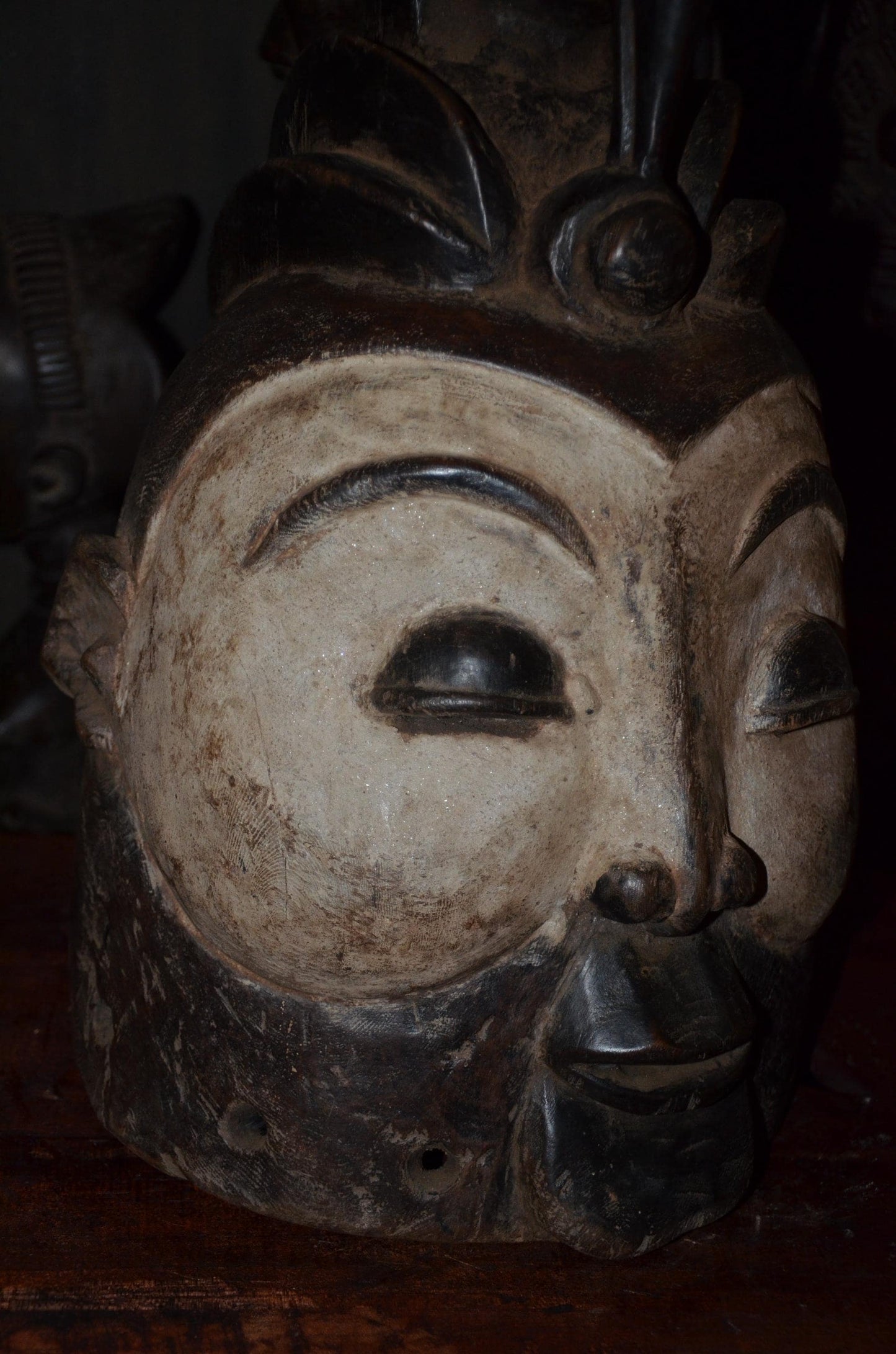 Lega Ceremonial Prestige Hat - 19" Authentic Congo Helmet Mask, Striking Kaolin Face, African Initiation Art.