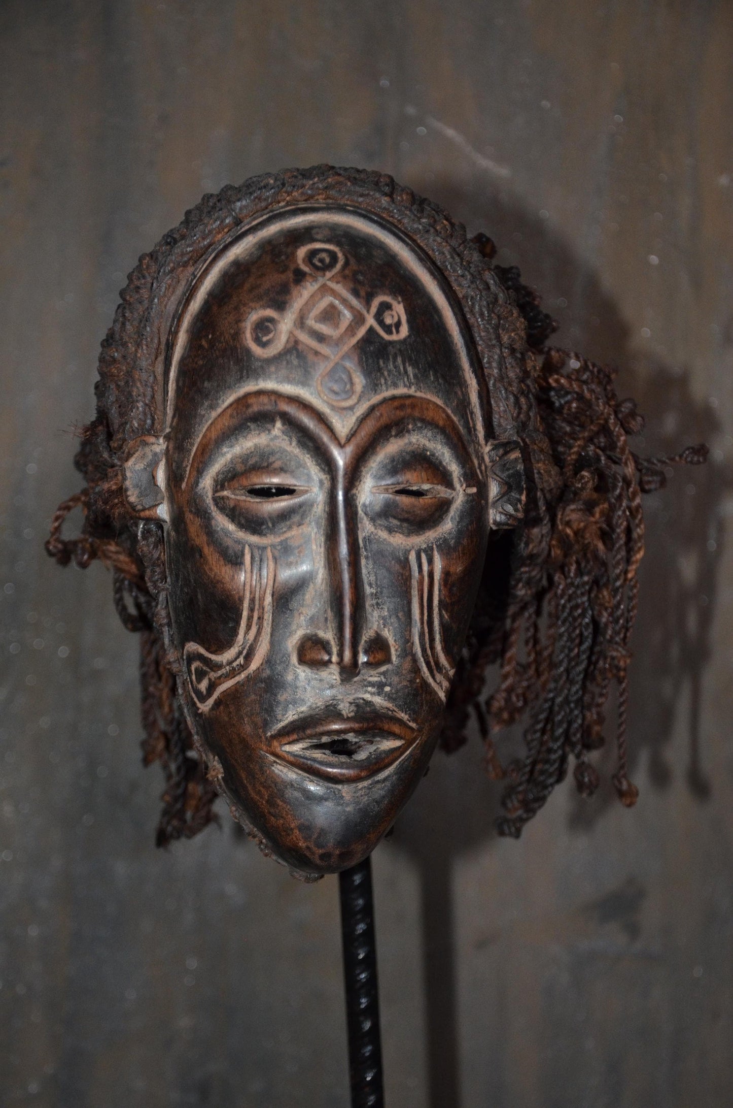 Authentic Chokwe Pwo Mask - 12" Hand-Carved Wood Female Ancestor Mask, Angolan Tribal Art, Woven Fiber Hair.