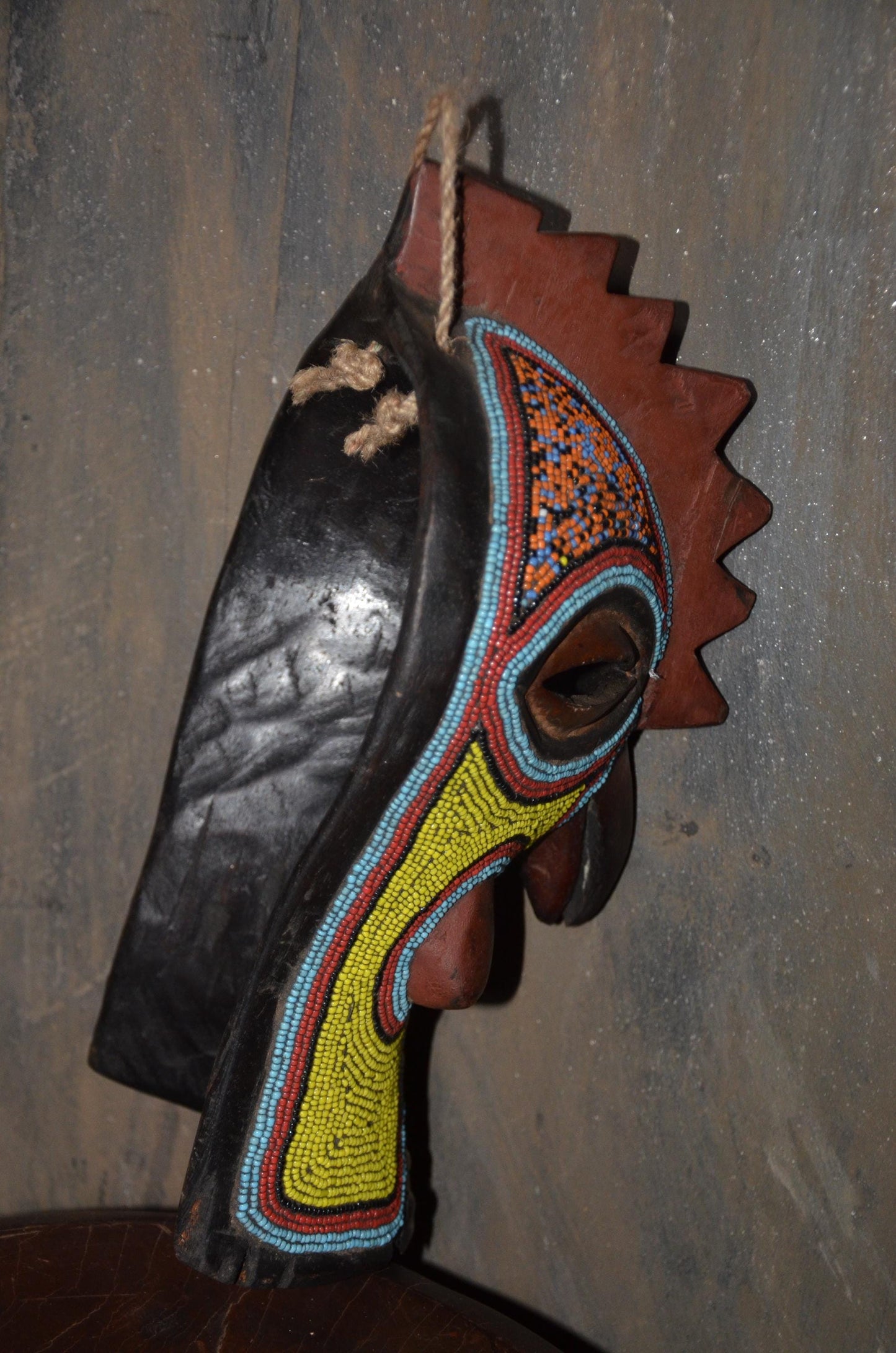 Beaded Rooster Mask – 12" Hand-Carved Wood Tribal Bird Mask – Wall Decor.