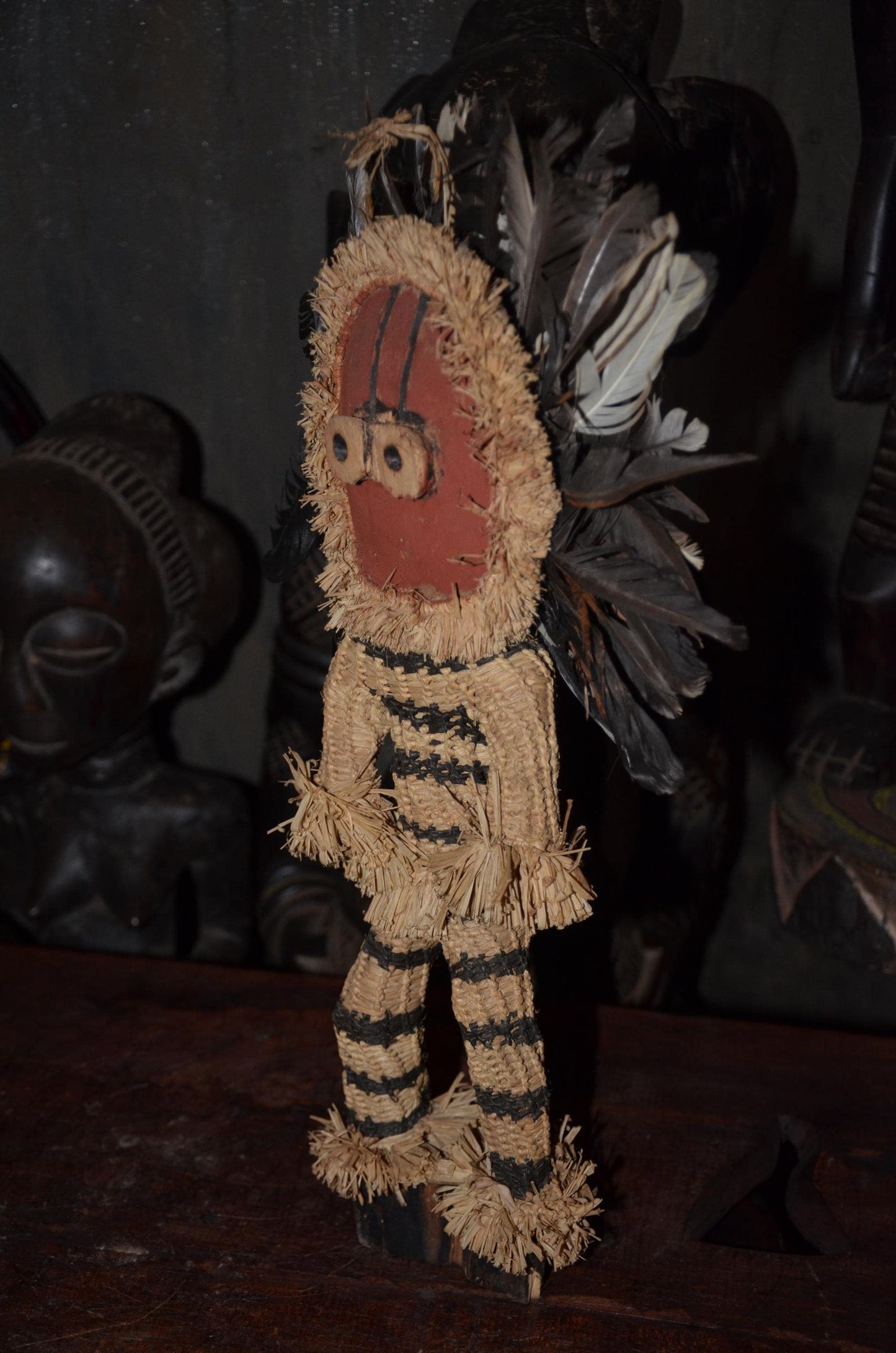 Pende Minganji Masquerade Dancer Doll - 17" Authentic Congo Woven Fiber Figure, Traditional Raffia & Feather Folk Art.