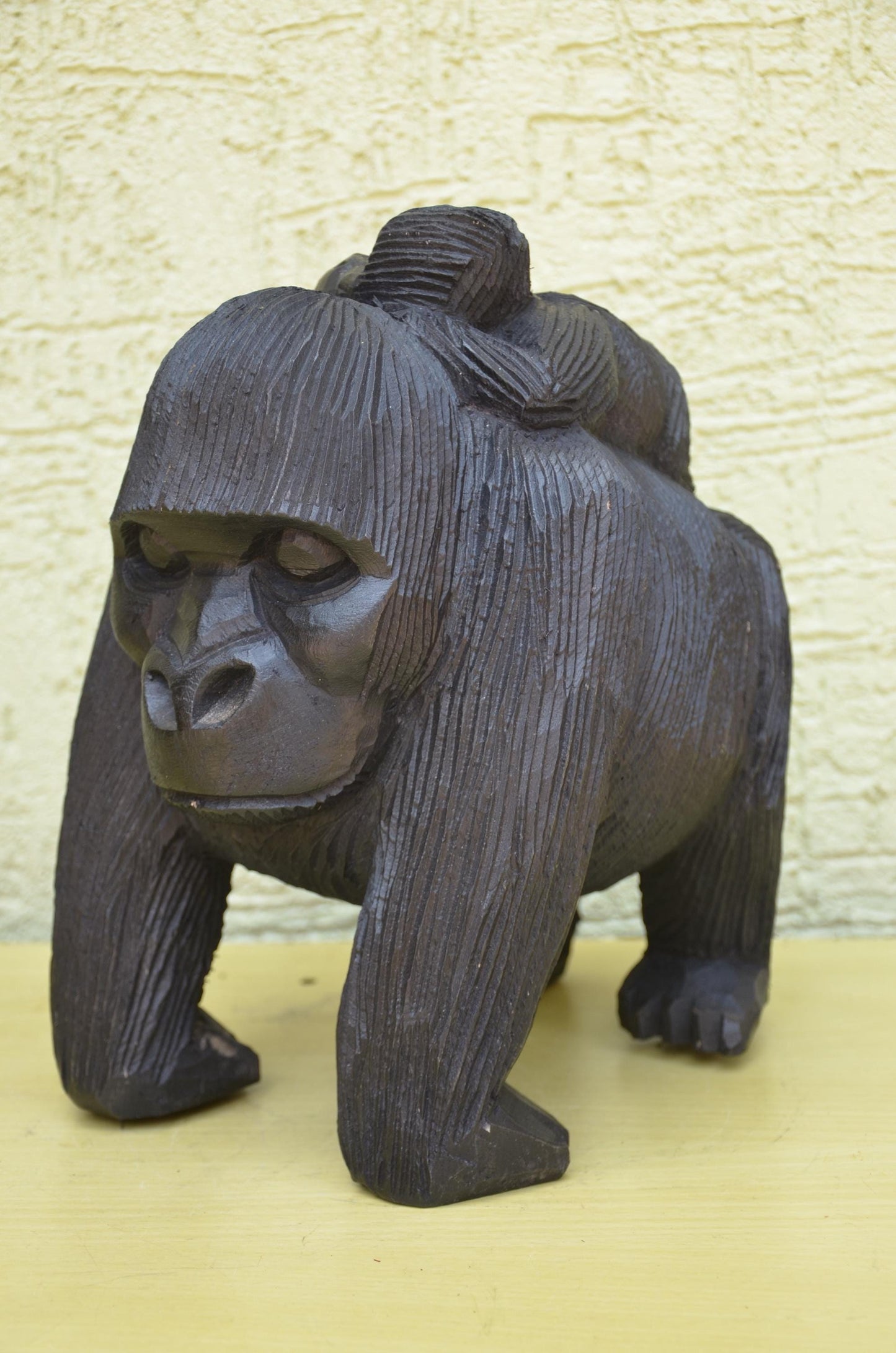 Large Hand Carved Wooden Gorilla and Baby | Wildlife Art