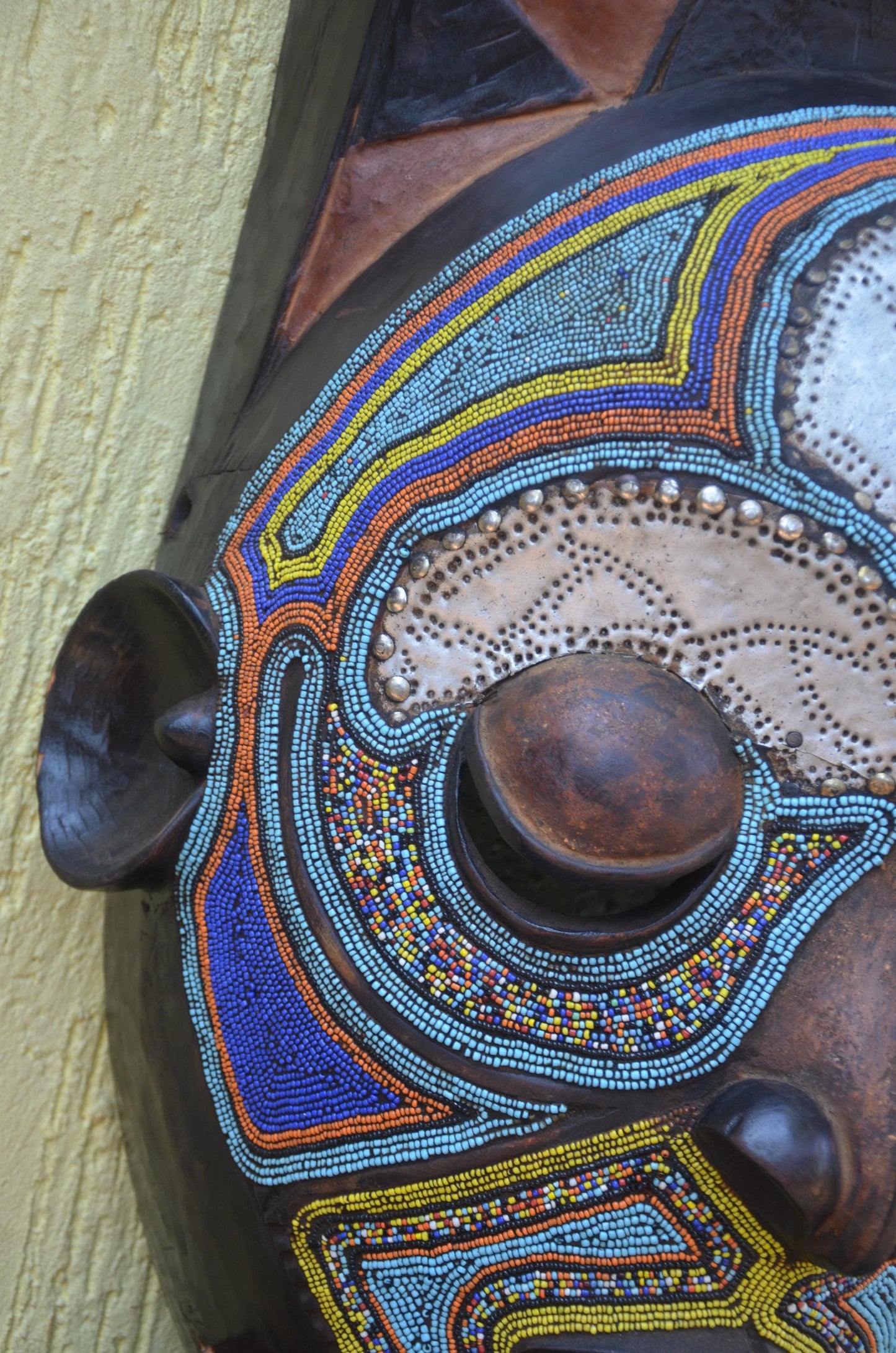 Marka African Mask – 34" Large Hand-Carved Wood & Brass Mask – Mali Wall Art.