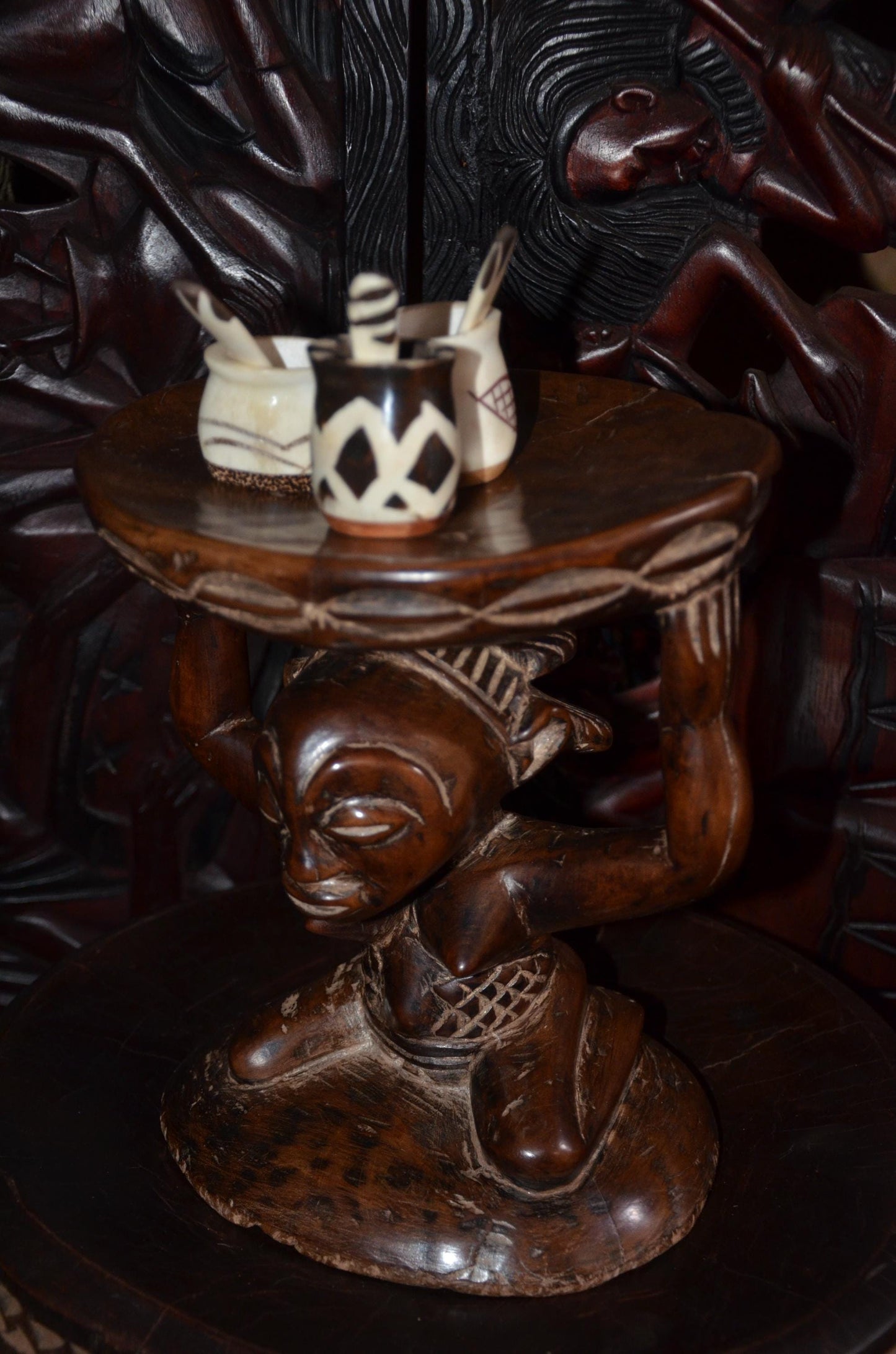 Luba Caryatid Stool – 11" Hand-Carved Wood Sculpture – Congo Tribal Art