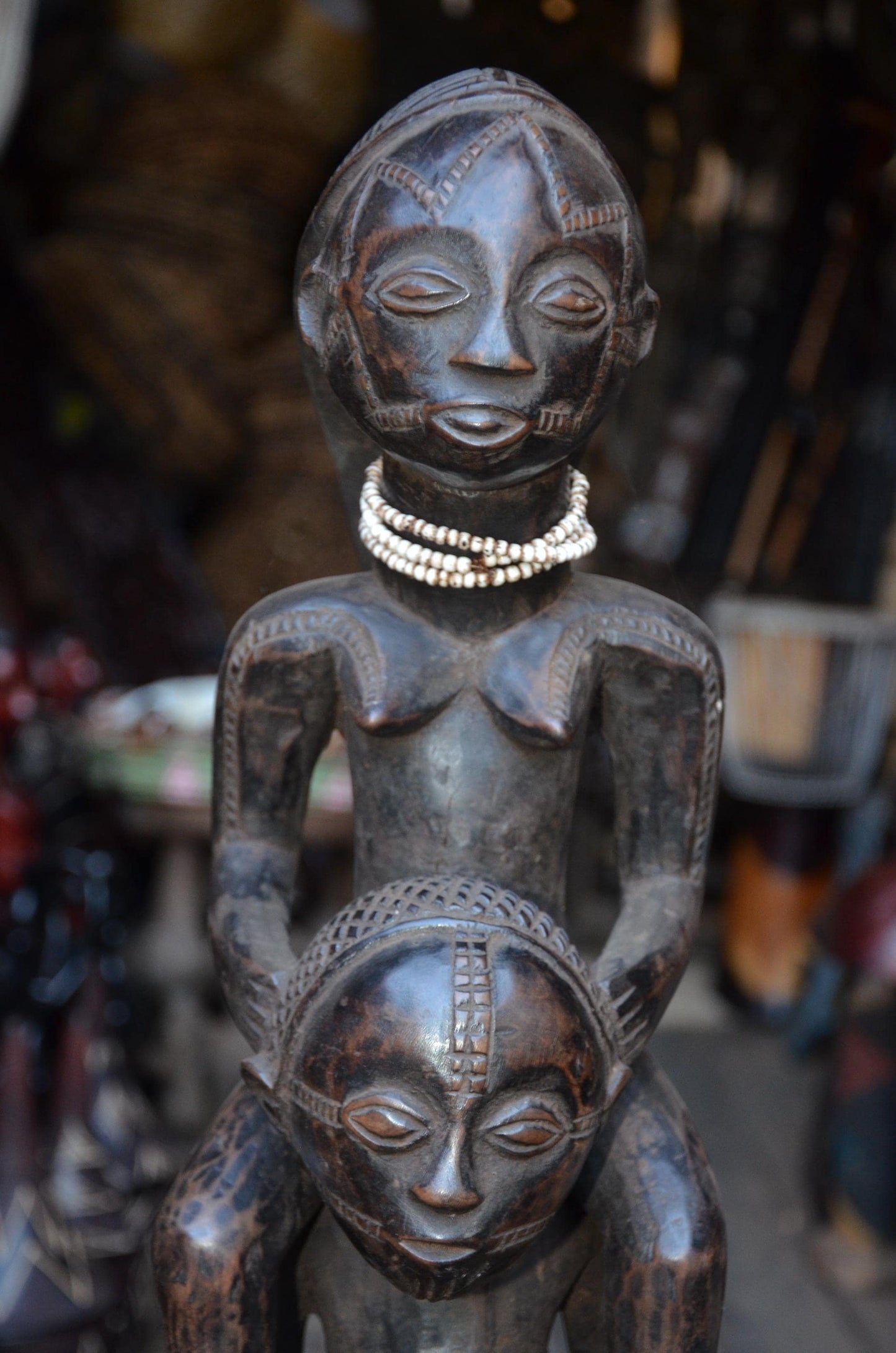 Authentic Luba Dual-Figure Statue – Hand-Carved Wood Ancestor Sculpture, Beaded Accent Congo