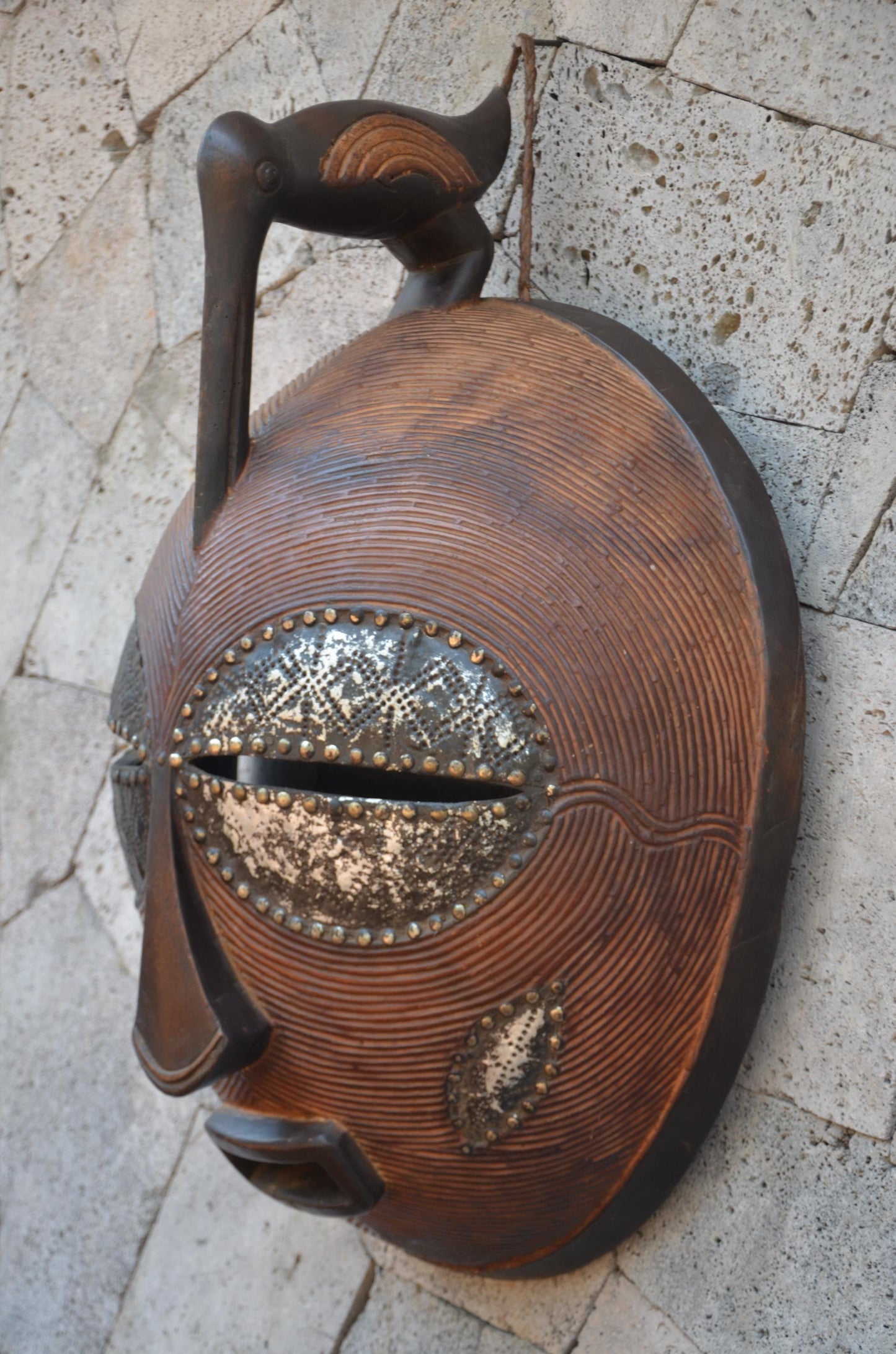 Luba Large African Mask – 33" Hand-Carved Wood & Brass Mask – Congo Wall Art.