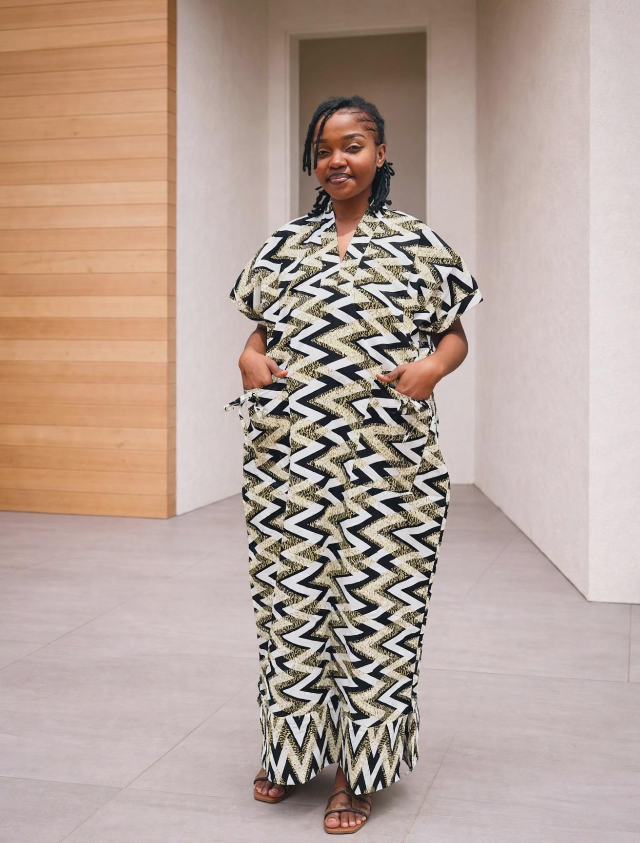Zigzag Print Boubou Gown | Monochrome Ankara Maxi Dress, One-Size Kaftan