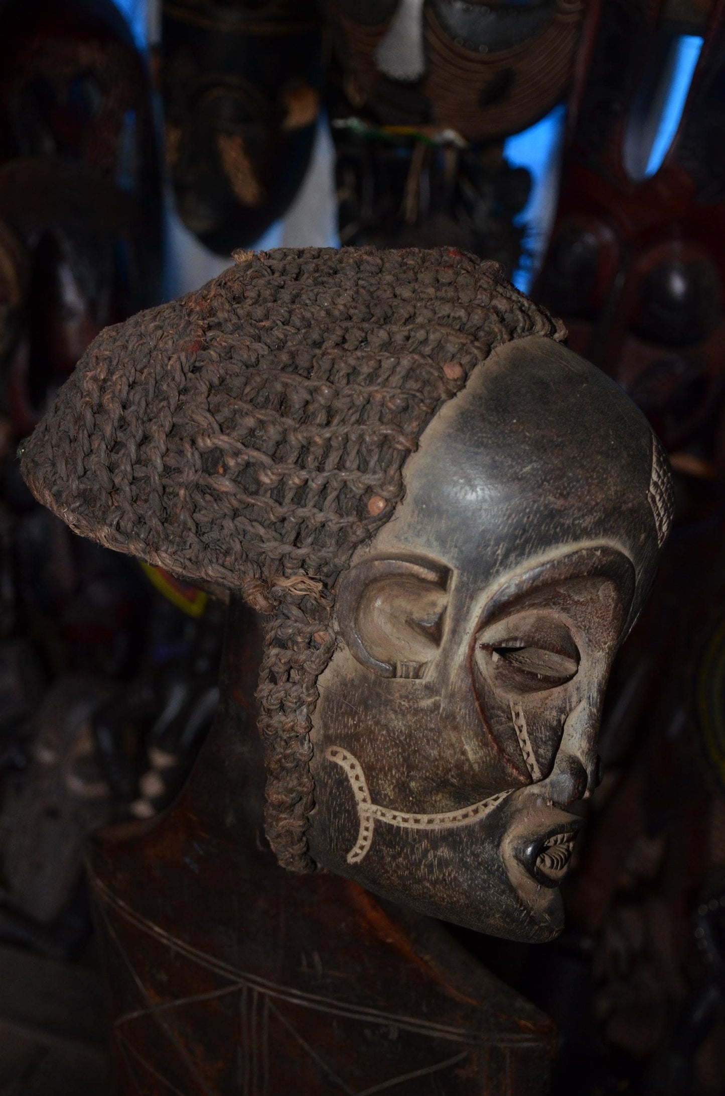 Authentic Chokwe Pwo Mask - 14" Hand-Carved Wood Female Ancestor Portrait Sculpture, Traditional Kaolin Infill.