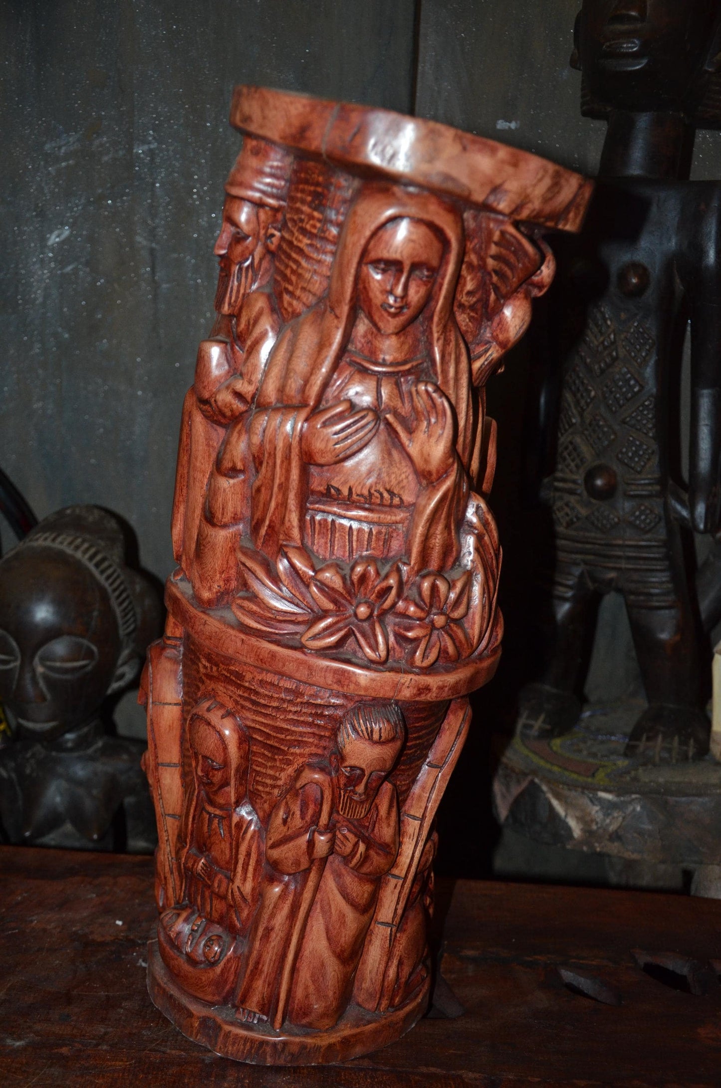 African Carved Wooden Stool | Relief Side Table | Handmade Tribal Furniture