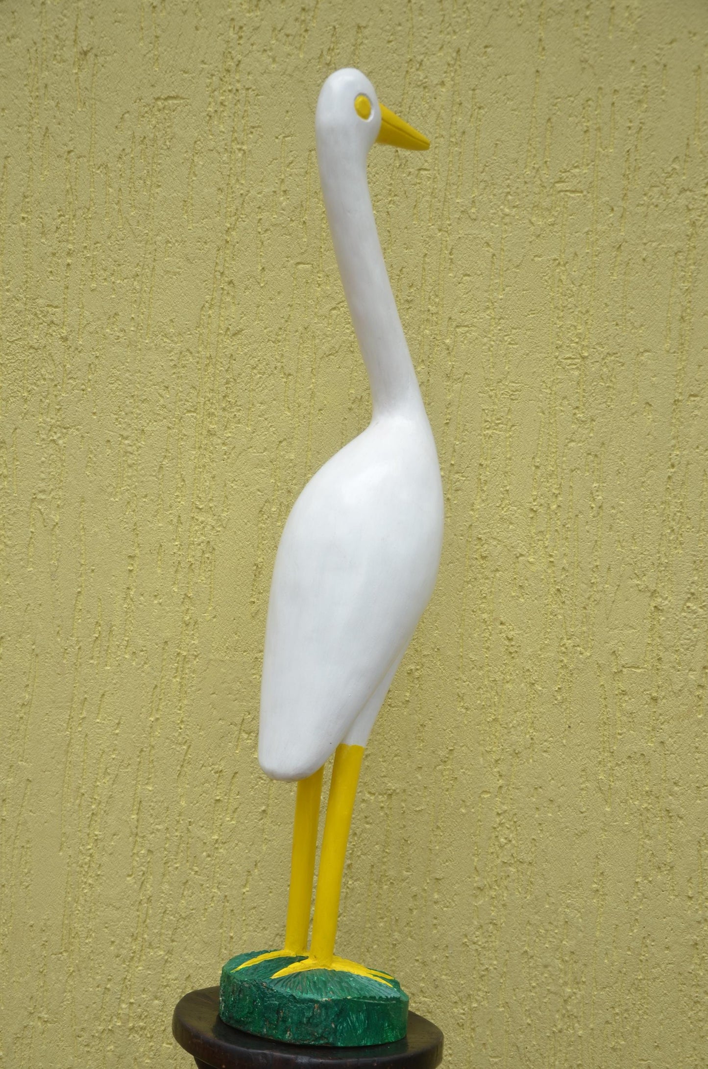 White Crane Garden Statue – 32" Hand-Carved Wood Egret Heron Outdoor Decor.