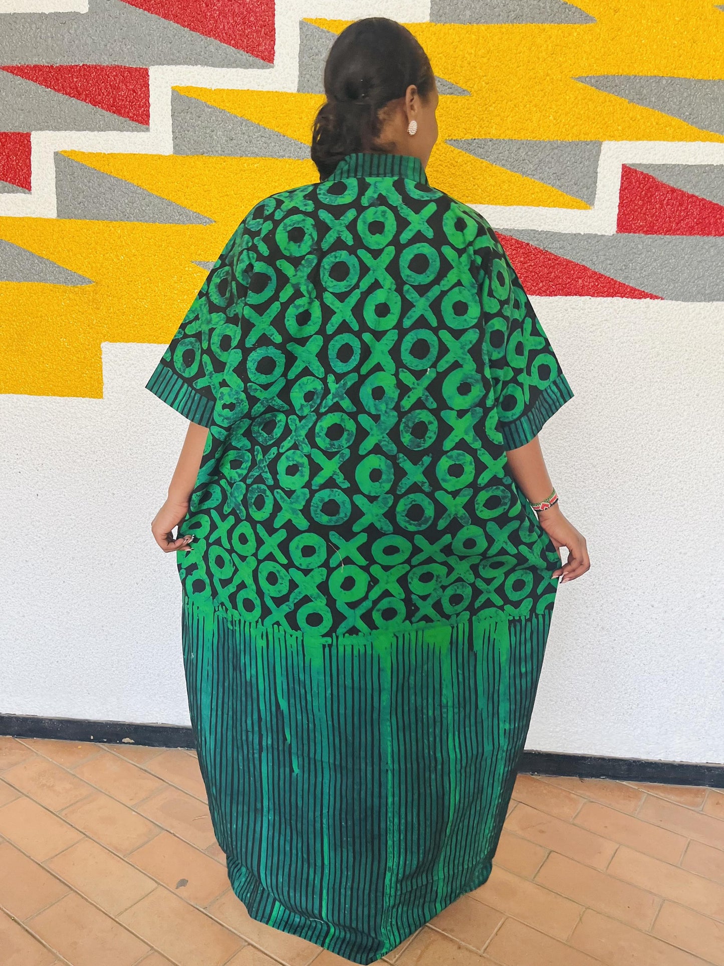 Green & Black Paneled Batik Boubou | Graphic Adire Silk Kaftan, Linear-Hem Maxi