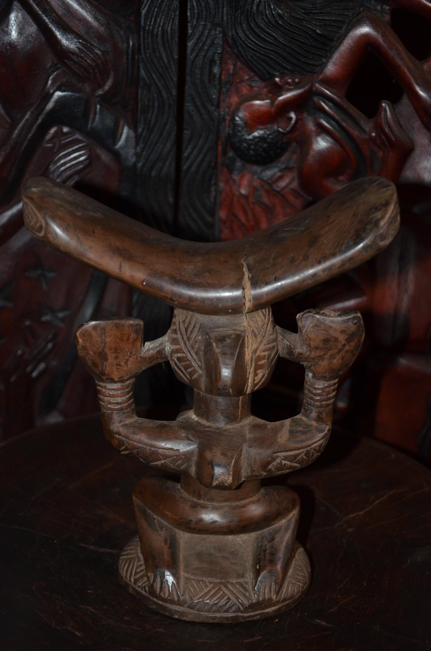 Luba Songye Caryatid Stool – 10" Hand-Carved Wood Headrest – Congo Tribal Art