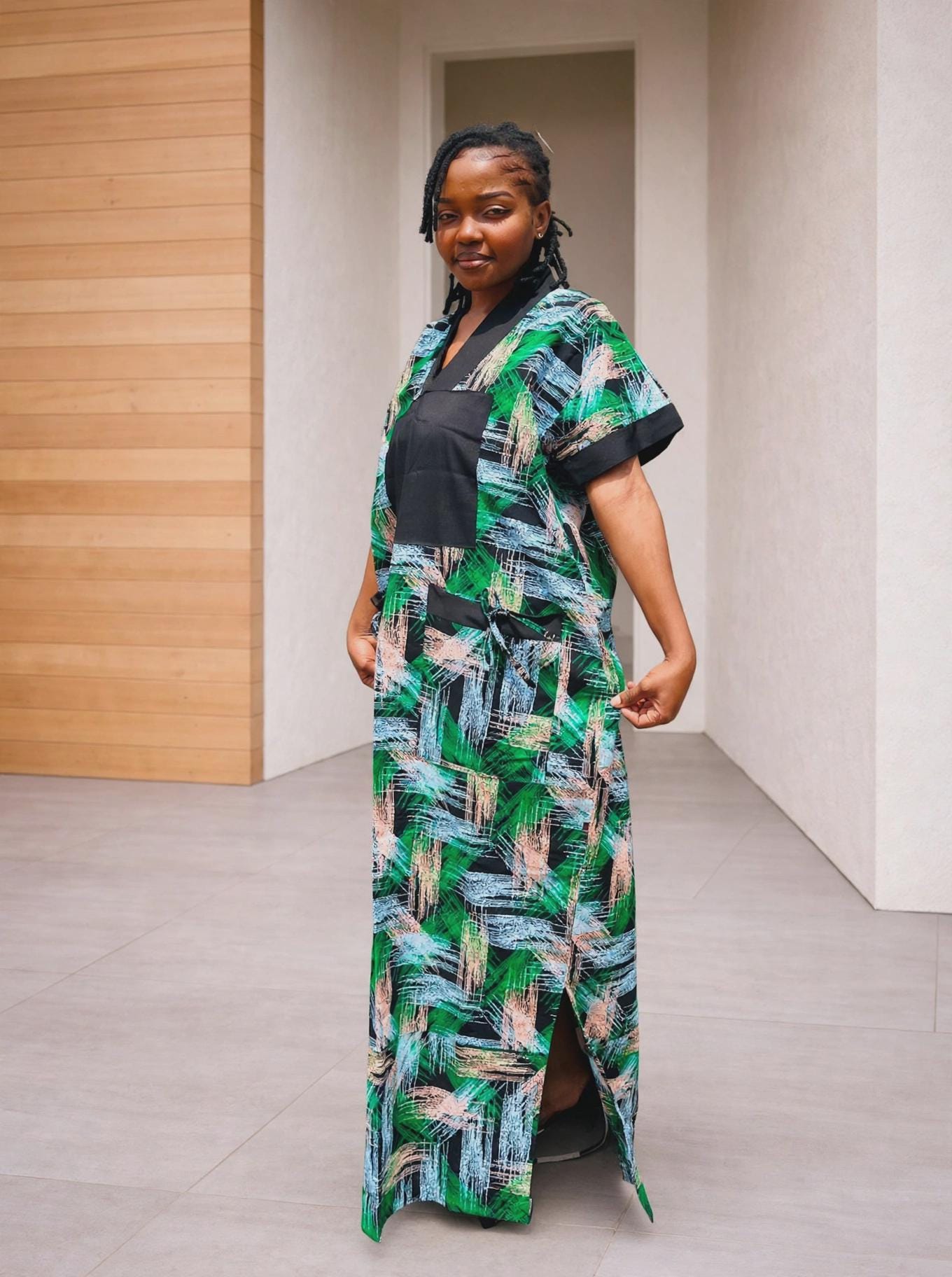 Color-Blocked Kampala Maxi Gown | Paneled Brushstroke Silk Kaftan, Mixed-Media Adire