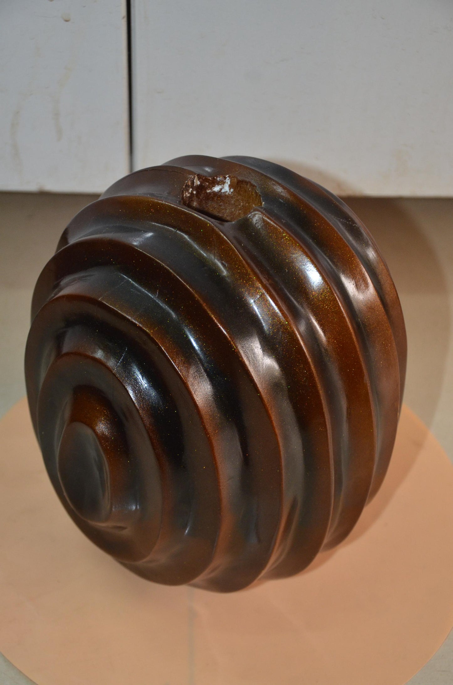 Spherical Wooden Ribbed Vase | Metallic Bronze Round Spiral Vessel