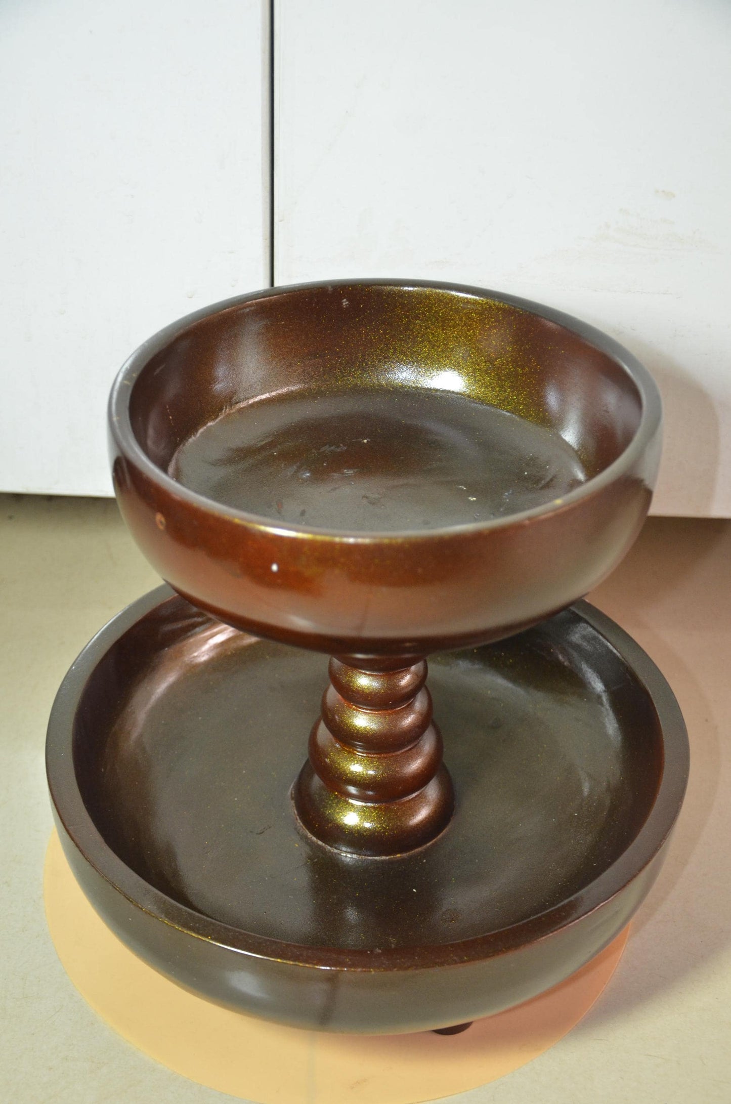 2 Tier Wooden Serving Tray | Metallic Bronze Pedestal Bowl Stand