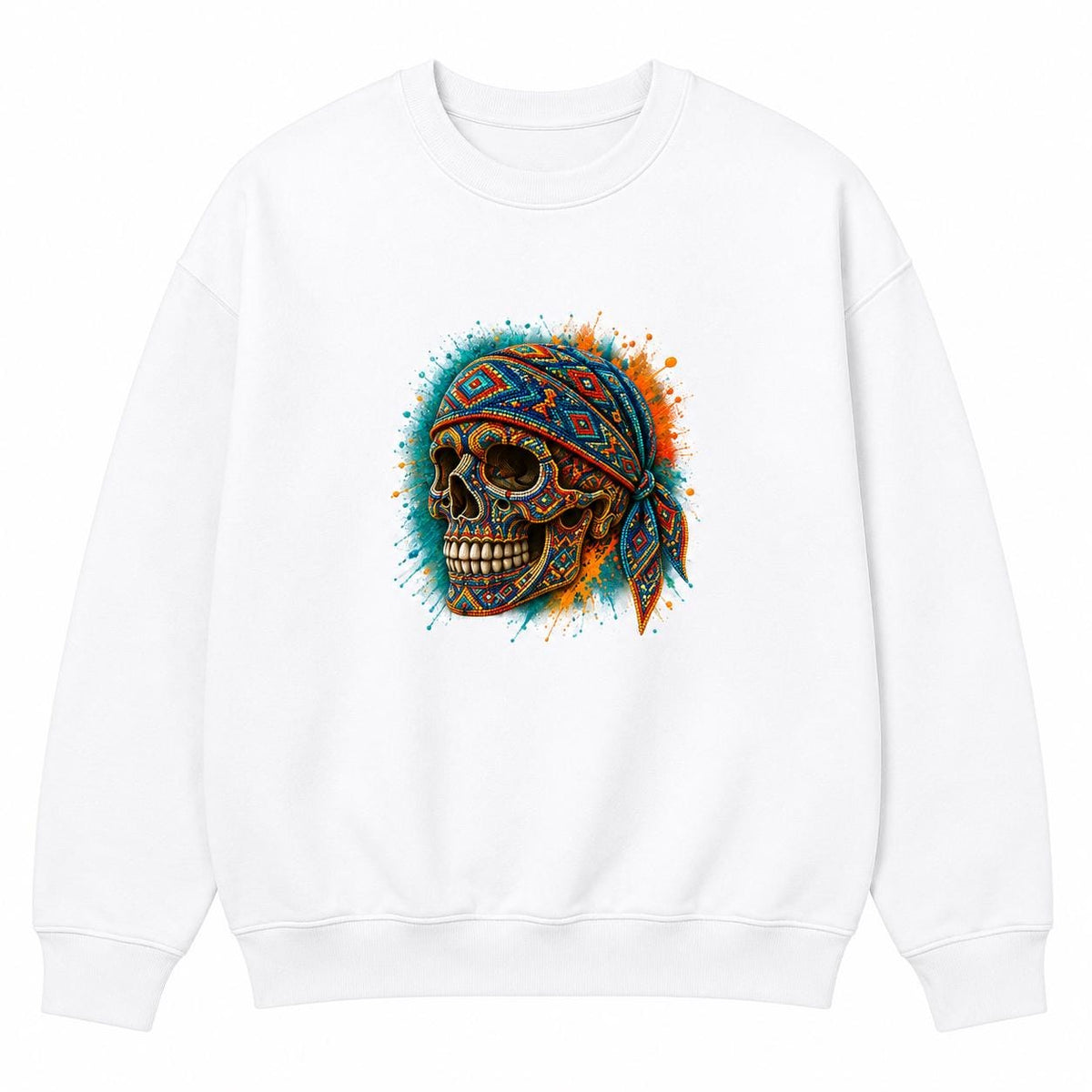 African Inspired Skull Sweatshirt, Colorful Geometric Skull Crewneck, Halloween Streetwear