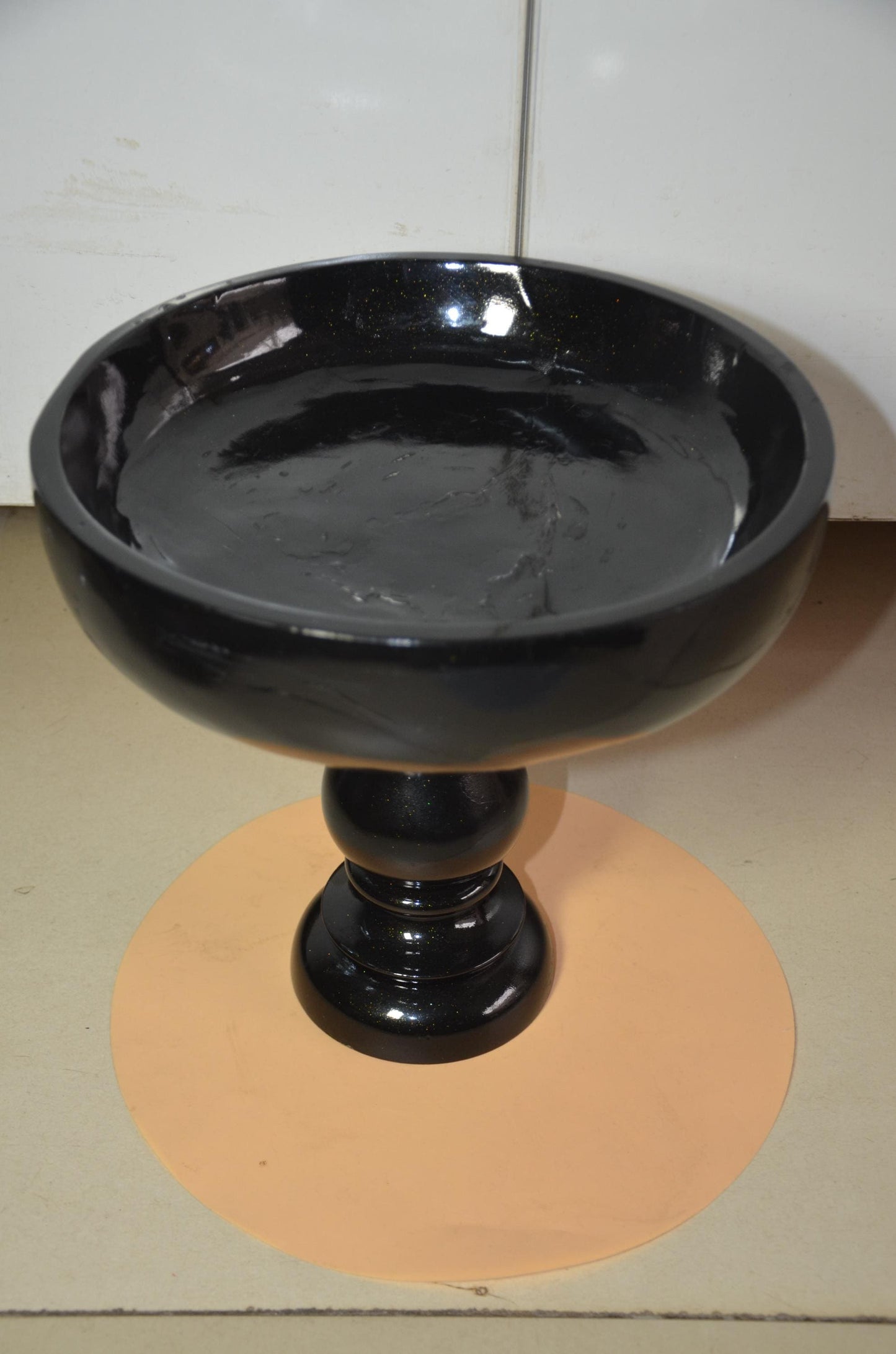 Pedestal Black Wooden Fruit Bowl | Glossy Black & Gold Footed Serving Dish