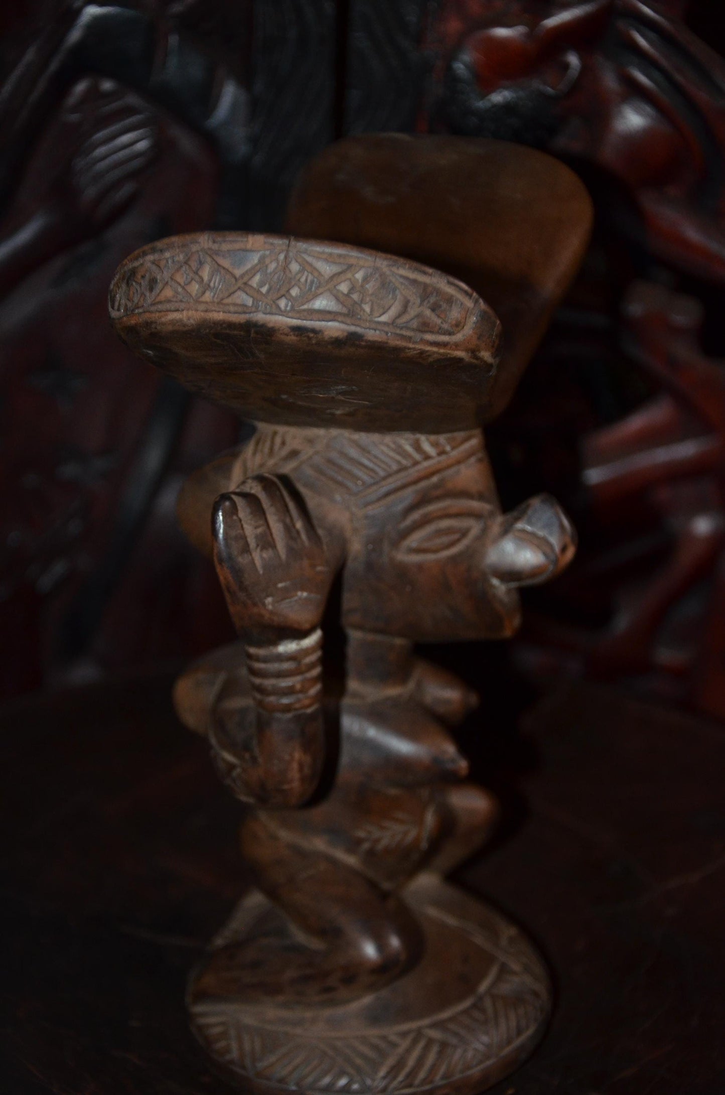 Luba Songye Caryatid Stool – 10" Hand-Carved Wood Headrest – Congo Tribal Art