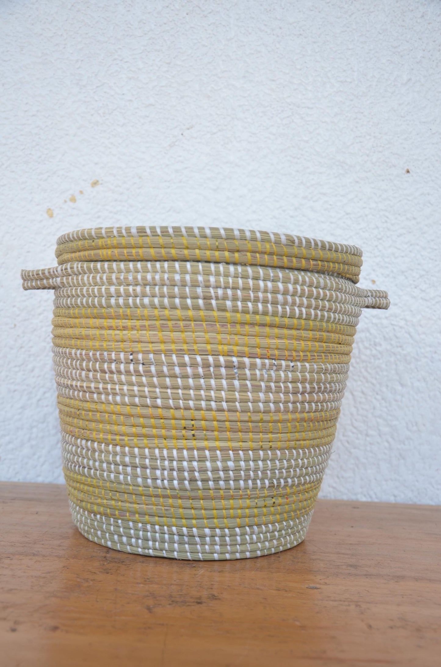 Handwoven Senegalese Coil Basket with Lid | Yellow and White Boho Storage Bin