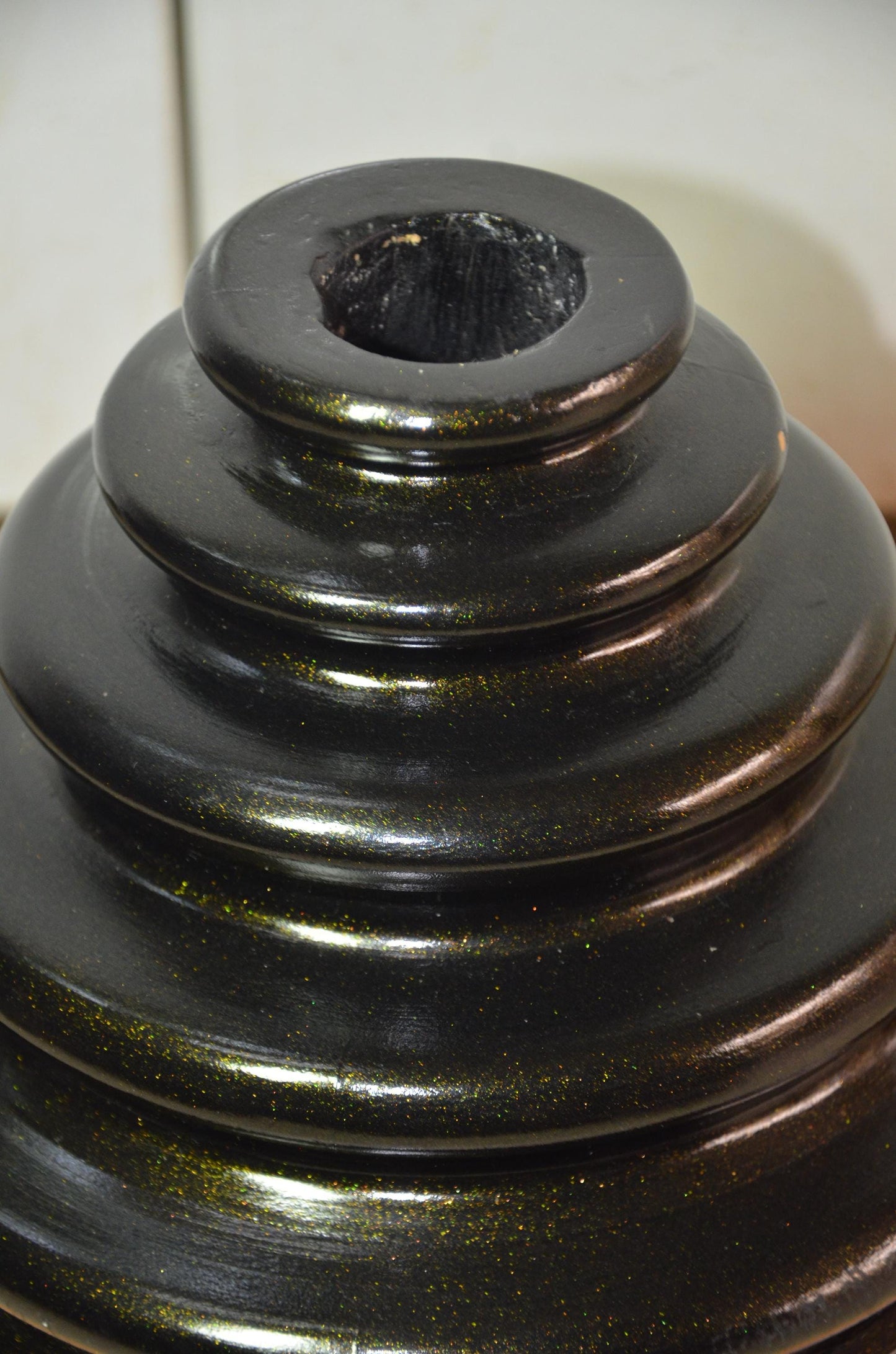 Large Black Wooden Ribbed Vase | Gold Shimmer Beehive Ringed Vessel, Nordic Decor