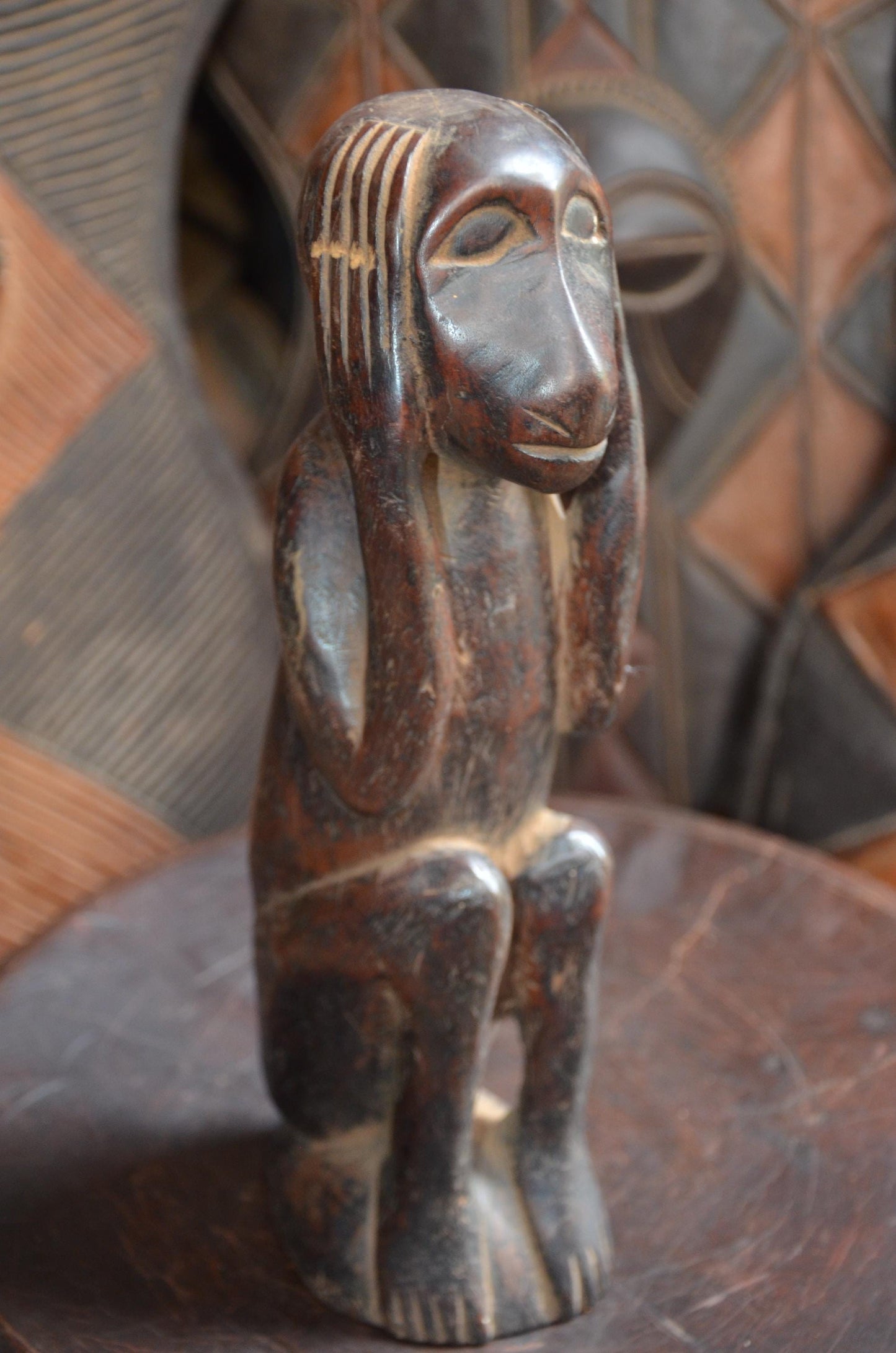 Authentic Hemba Chimpanzee Power Figure - 12" Hand-Carved Wood Soko Mutu Statue, Traditional Primate Ancestor Carving.