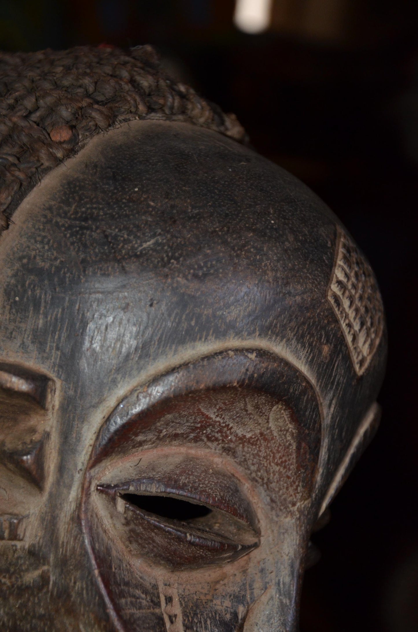 Authentic Chokwe Pwo Mask - 14" Hand-Carved Wood Female Ancestor Portrait Sculpture, Traditional Kaolin Infill.