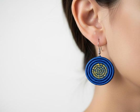 Blue Yellow Sisal Rwandan Earrings, Handmade Woven African Basketry Jewelry, Boho Tribal Fiber Art