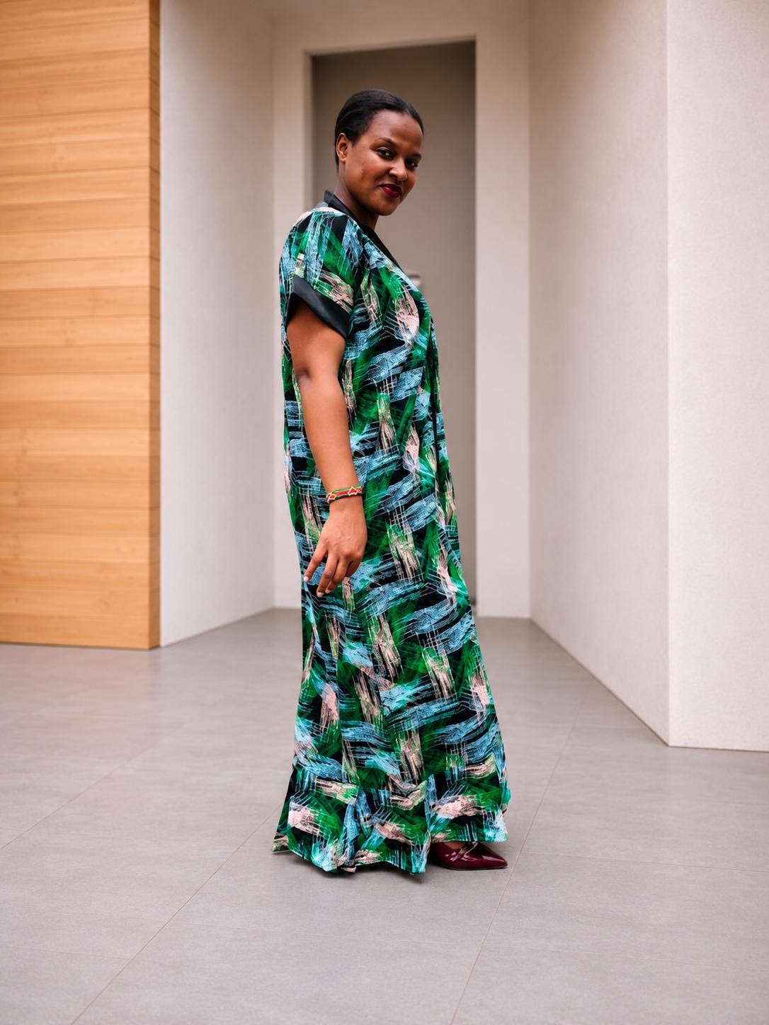 Open-Front Kampala Maxi Gown | Brushstroke Silk Kaftan, Satin-Placket Adire