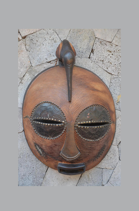 Grand Luba-Style African Mask - Massive 33" Hand-Carved Striated Wood Kifwebe Mask, Metal Sheet Overlay & Bird Crest Statement Piece.