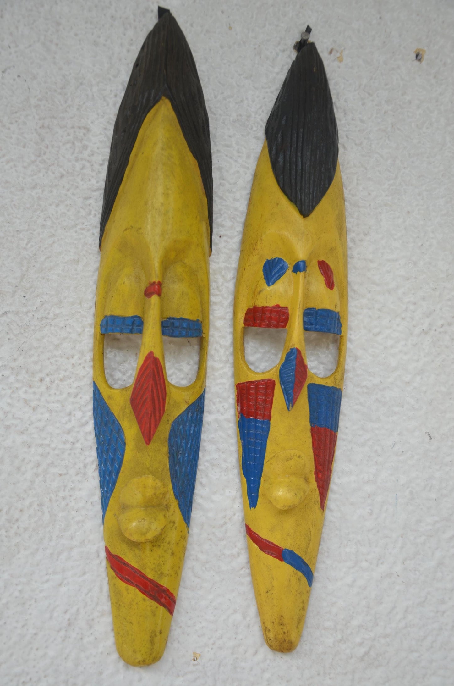 Hand-Carved Nyiginya Kingdom Sunshine Yellow Wooden Facemask Couple | African Tribal Wall Art Decor