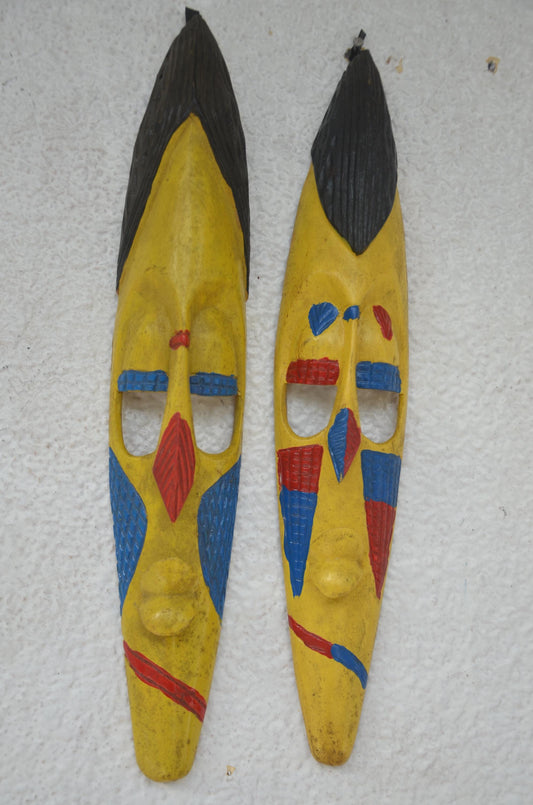 Hand-Carved Nyiginya Kingdom Sunshine Yellow Wooden Facemask Couple | African Tribal Wall Art Decor