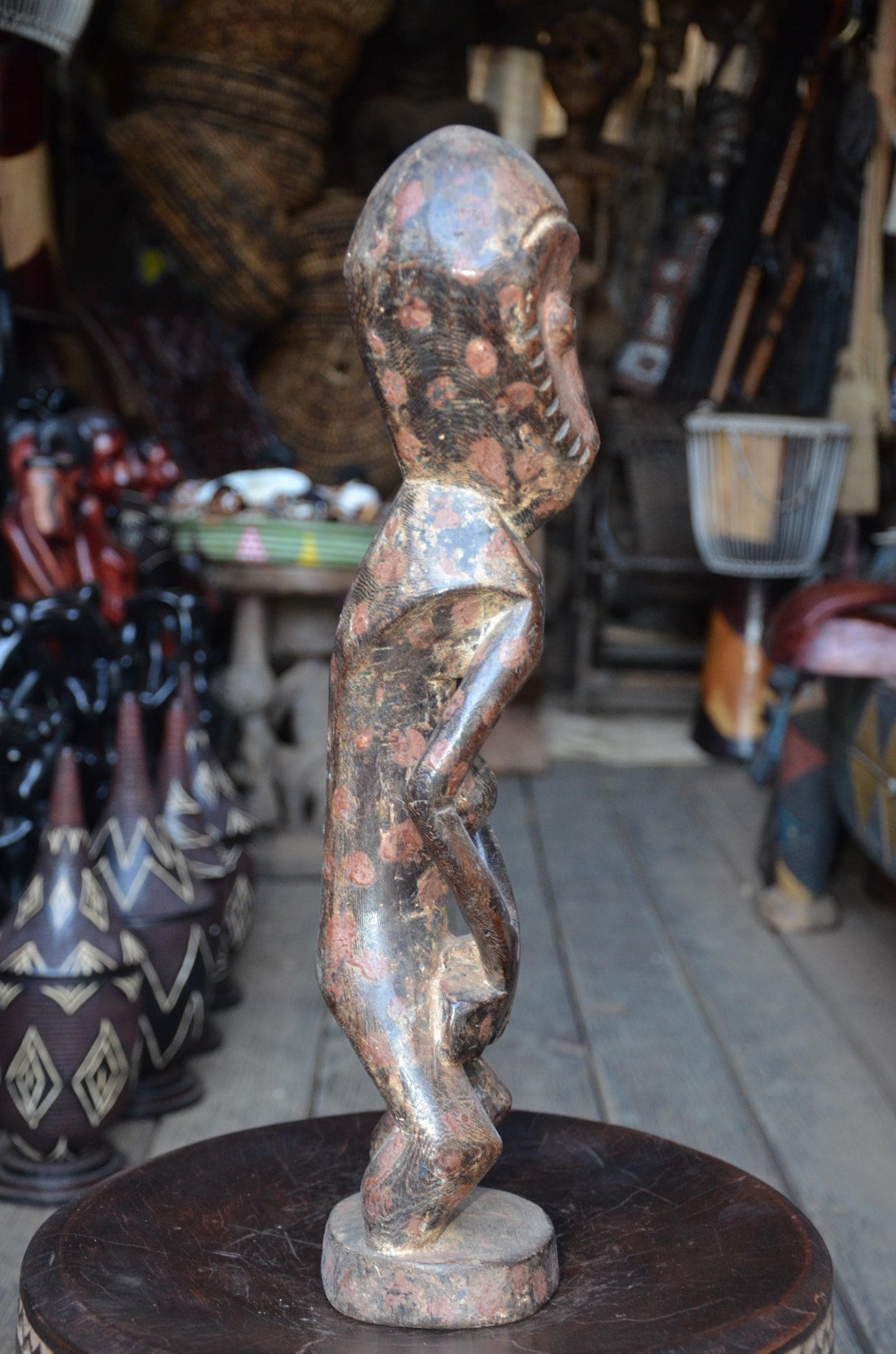 Authentic Lega Ancestor Figure - 19" Hand-Carved Wood Bwami Initiation Statue, Traditional Kaolin & Ochre Patina.