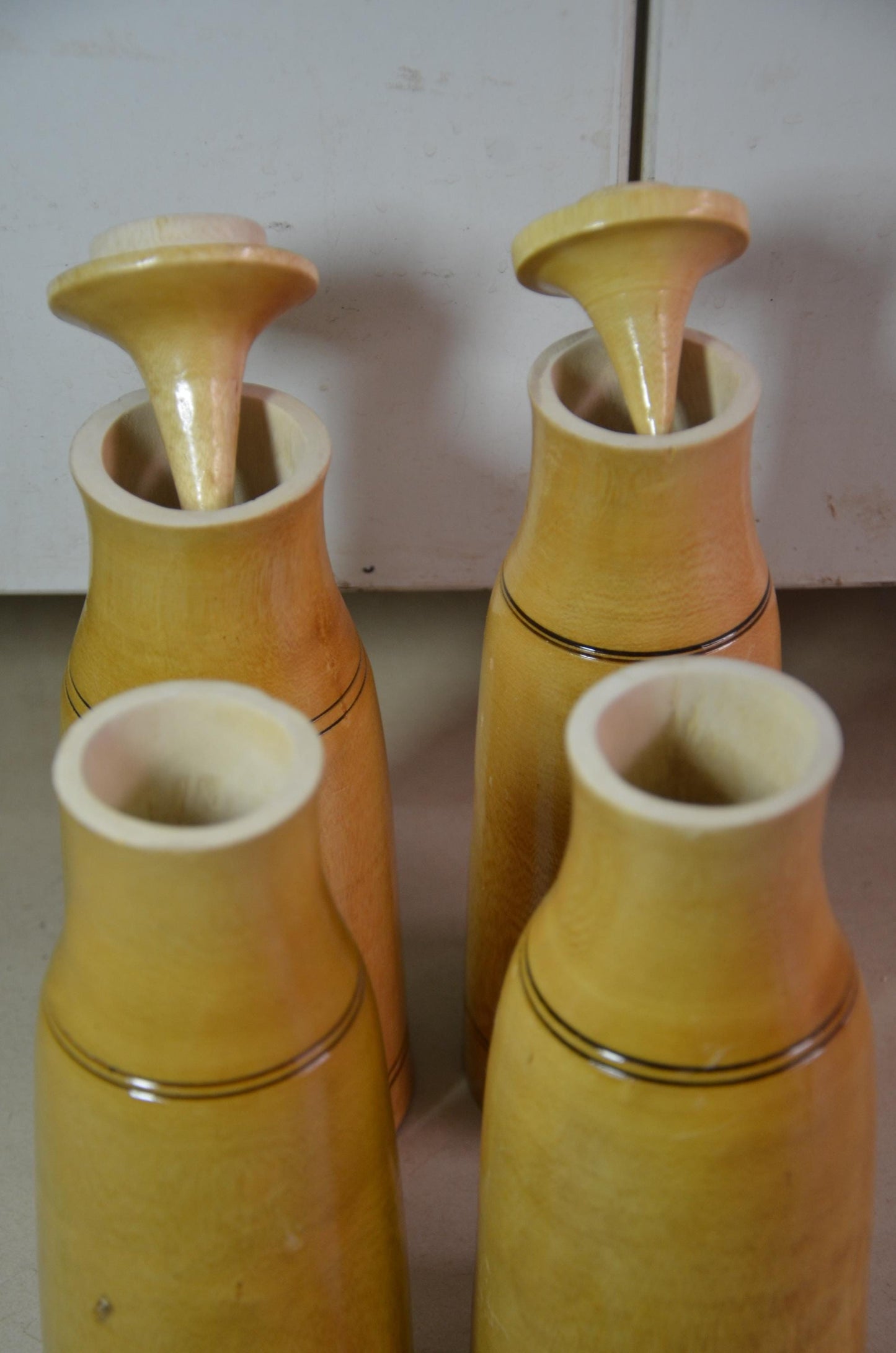 Blonde Wood Finial Bottles Set | Pointed Lid Canister Collection