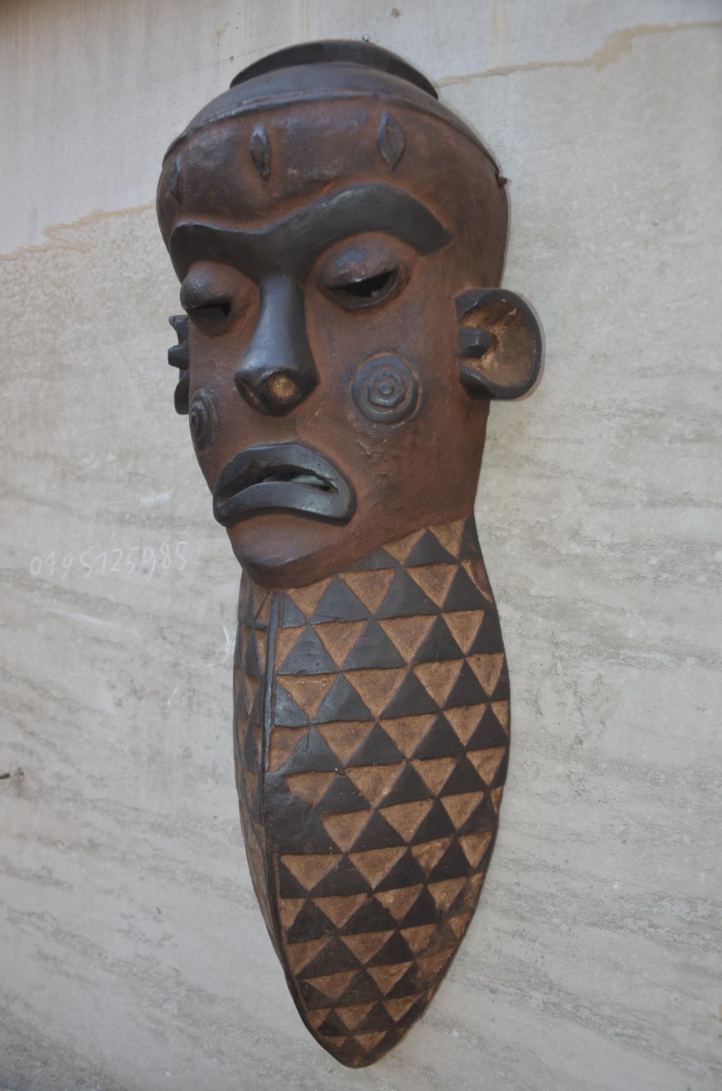 Large Chokwe Style Face Mask - 23" Elongated African Wood Carving, Geometric Tribal Wall Sculpture, High-End Primitive Art Statement Piece.