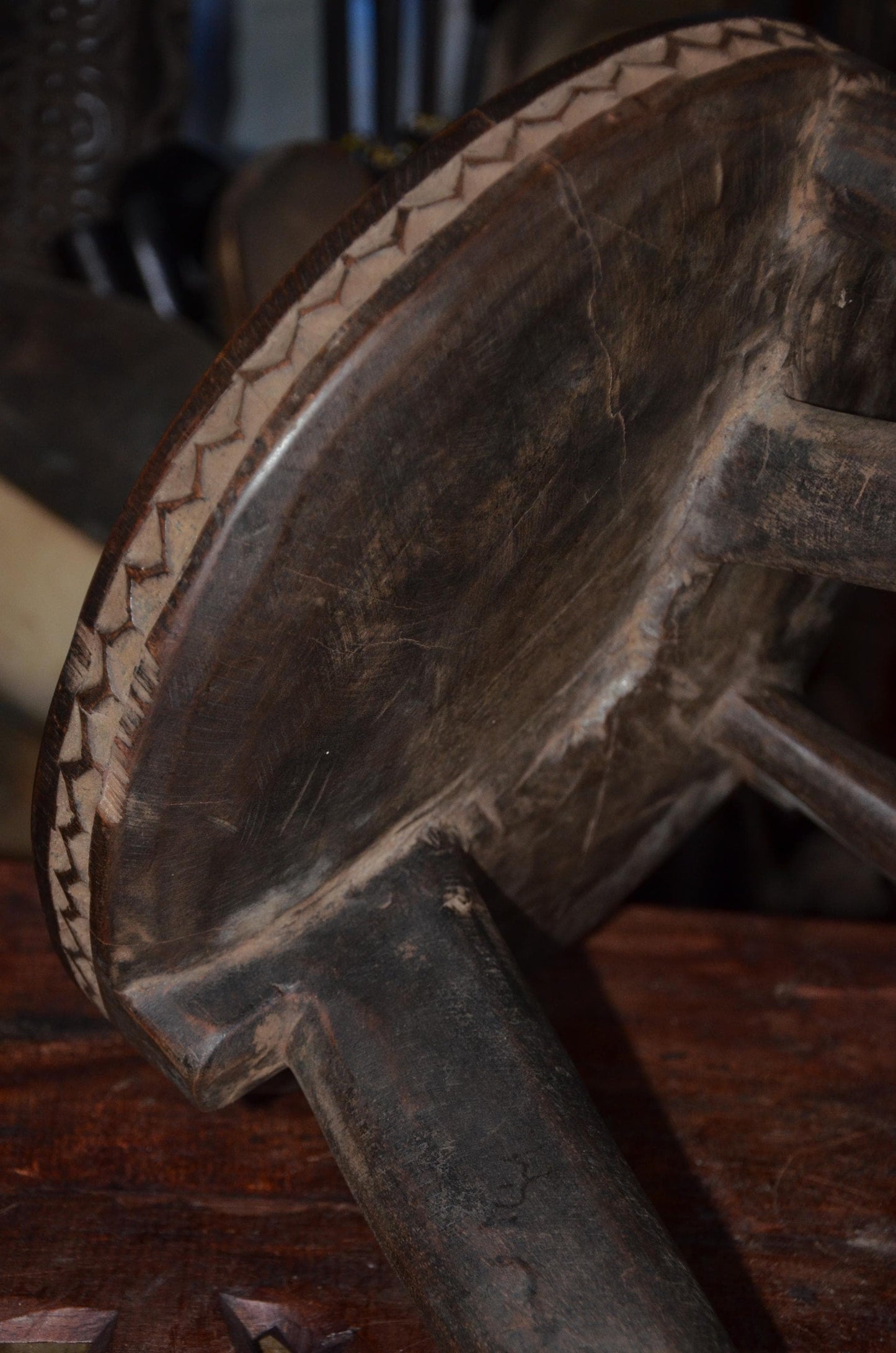 Authentic Kamba / Senufo Three-Legged Stool - 14" Hand-Carved African Wood Prestige Stool, Incised Geometric Rim.