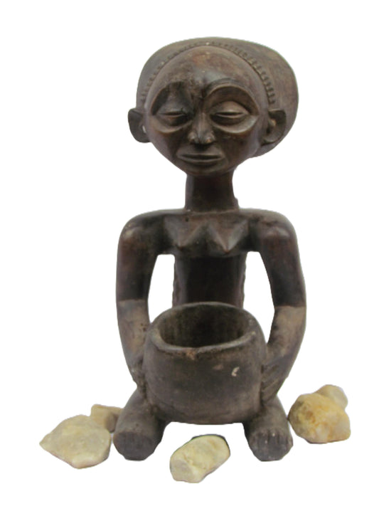 Statue de devineresse Luba – Art tribal africain du Congo et de Zambie | Figurine rituelle en bois sculptée à la main avec bol
