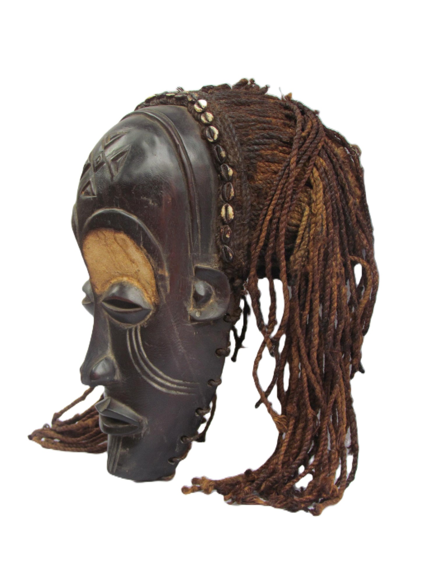 Original Hand carved Chokwe Mask Mwana Pwo with Long Brown Hair.