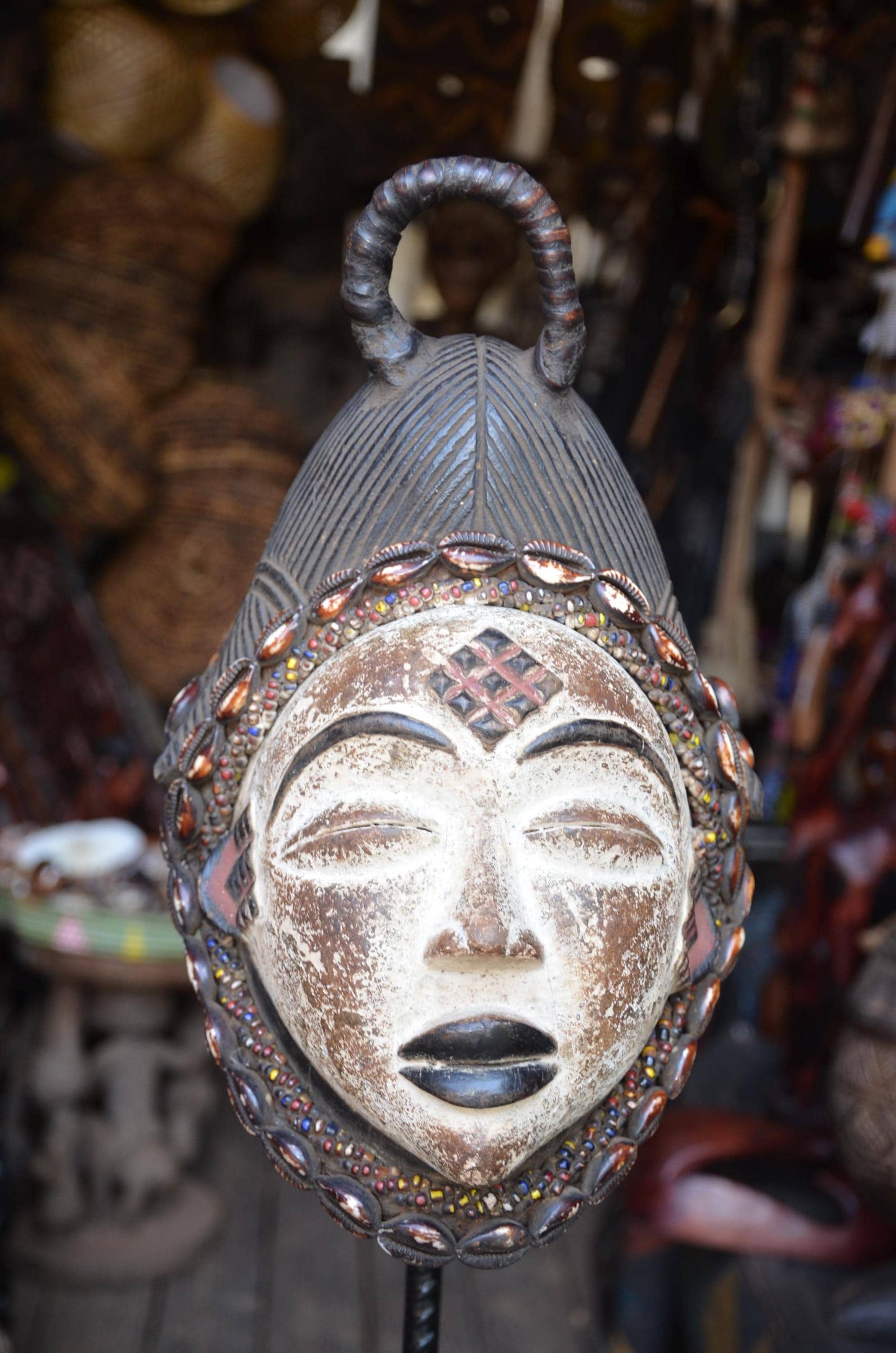 Authentic Punu Okuyi Mask – Hand-Carved Wood Female Ancestor Spirit, Cowrie Shell Trim