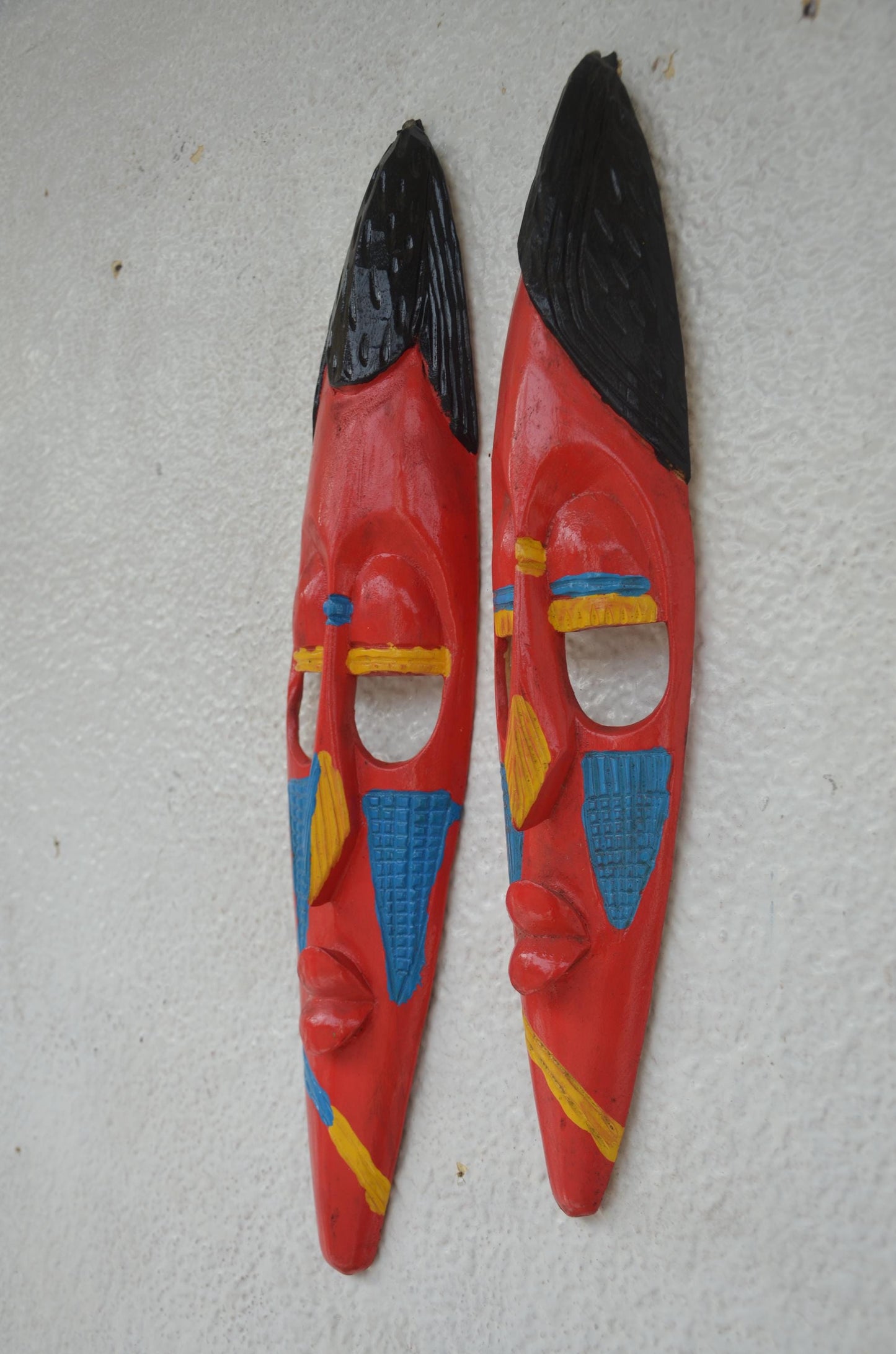 Hand-Carved Nyiginya Kingdom Crimson Red Wooden Facemask Couple | African Tribal Wall Art Decor