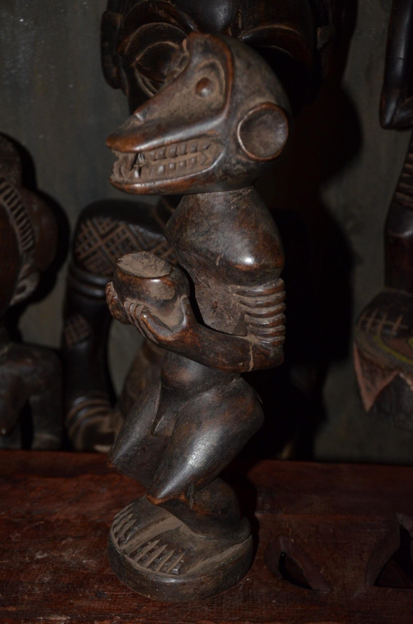 Songye Monkey Figure Power Fetish - 16" Authentic Congo Nkishi Statue, Zoomorphic Offering Bowl Carving, High-End African Tribal Collectible