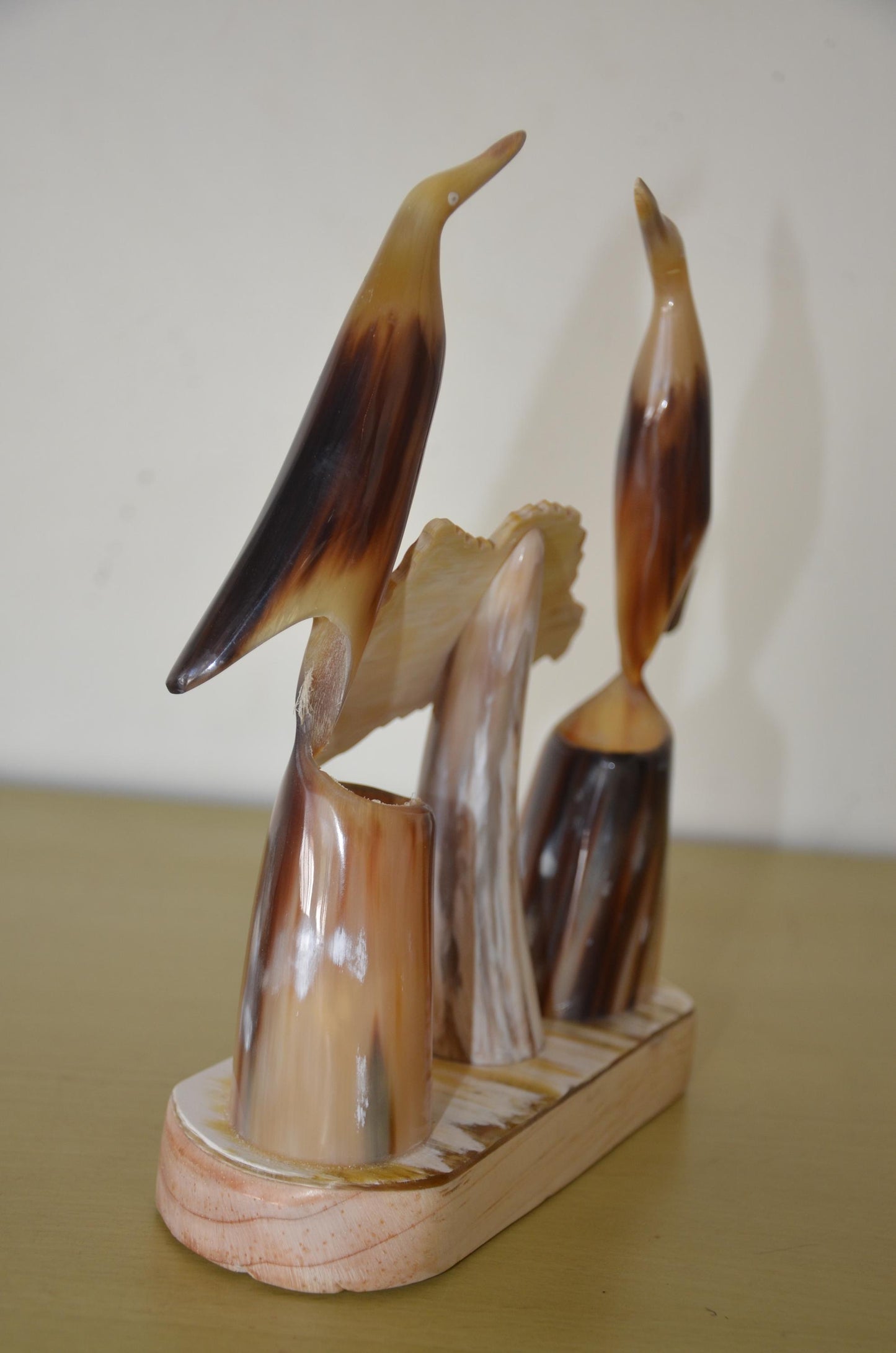 Handcrafted African Ankole Cow Horn Desk Organizer | Polished Bull Horn Bird Sculpture