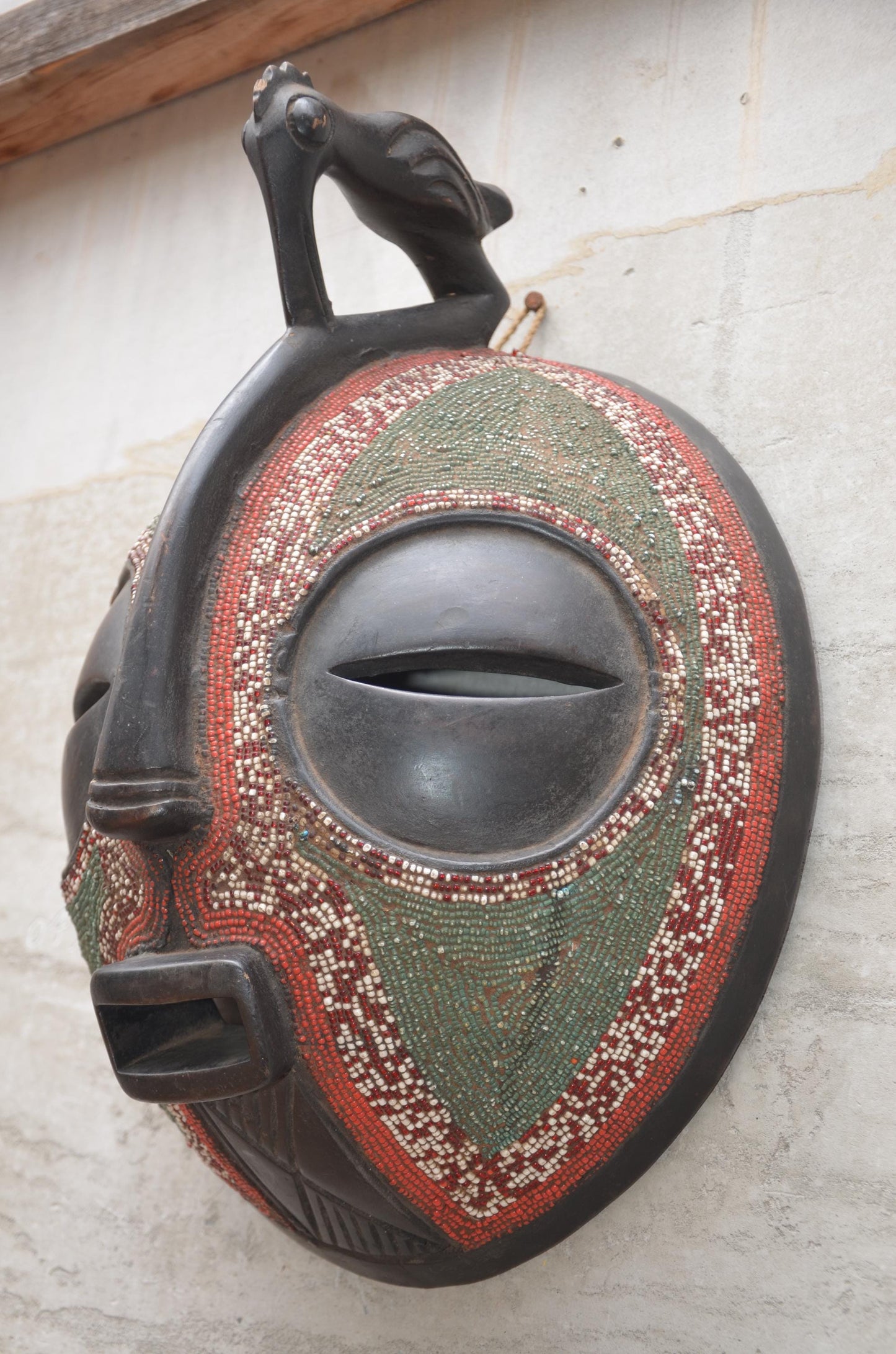 Authentic Beaded Luba Kifwebe Mask - 20" Hand-Carved Wood Striated African Mask, Congo Tribal Art, Glass Bead Accents Luxury Statement Piece