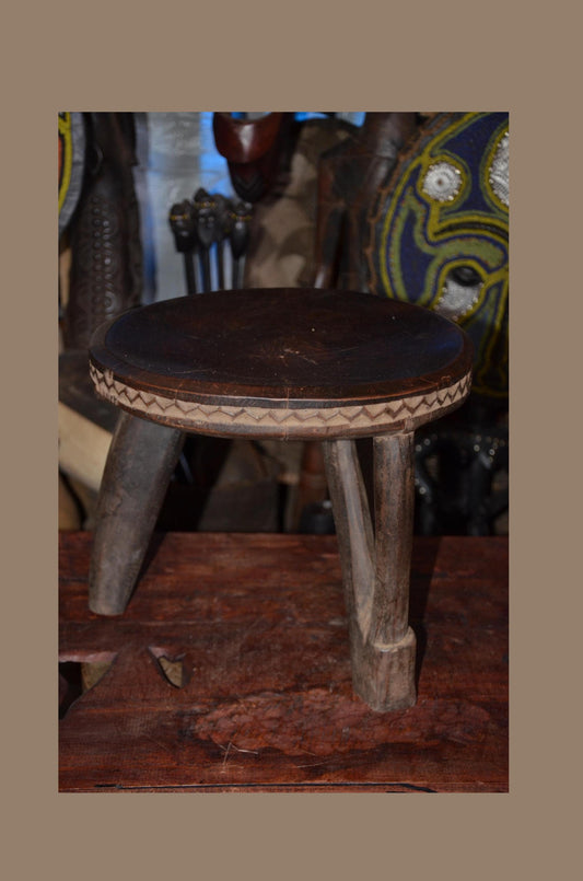 Authentic Kamba / Senufo Three-Legged Stool - 14" Hand-Carved African Wood Prestige Stool, Incised Geometric Rim.