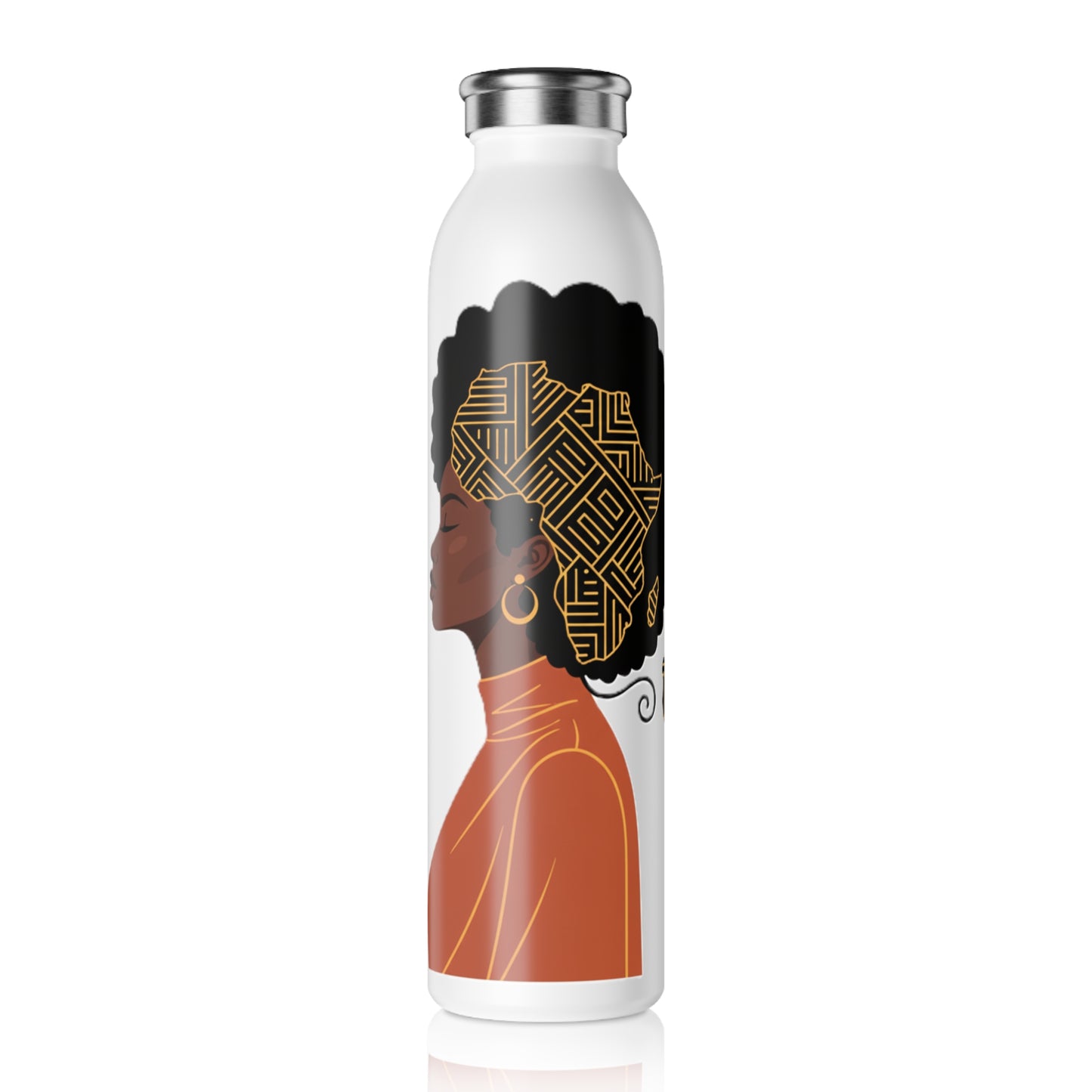 Afrocentric Profile Slim Water Bottle — Gold Geometric Hair Design