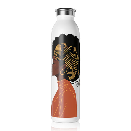 Afrocentric Profile Slim Water Bottle — Gold Geometric Hair Design