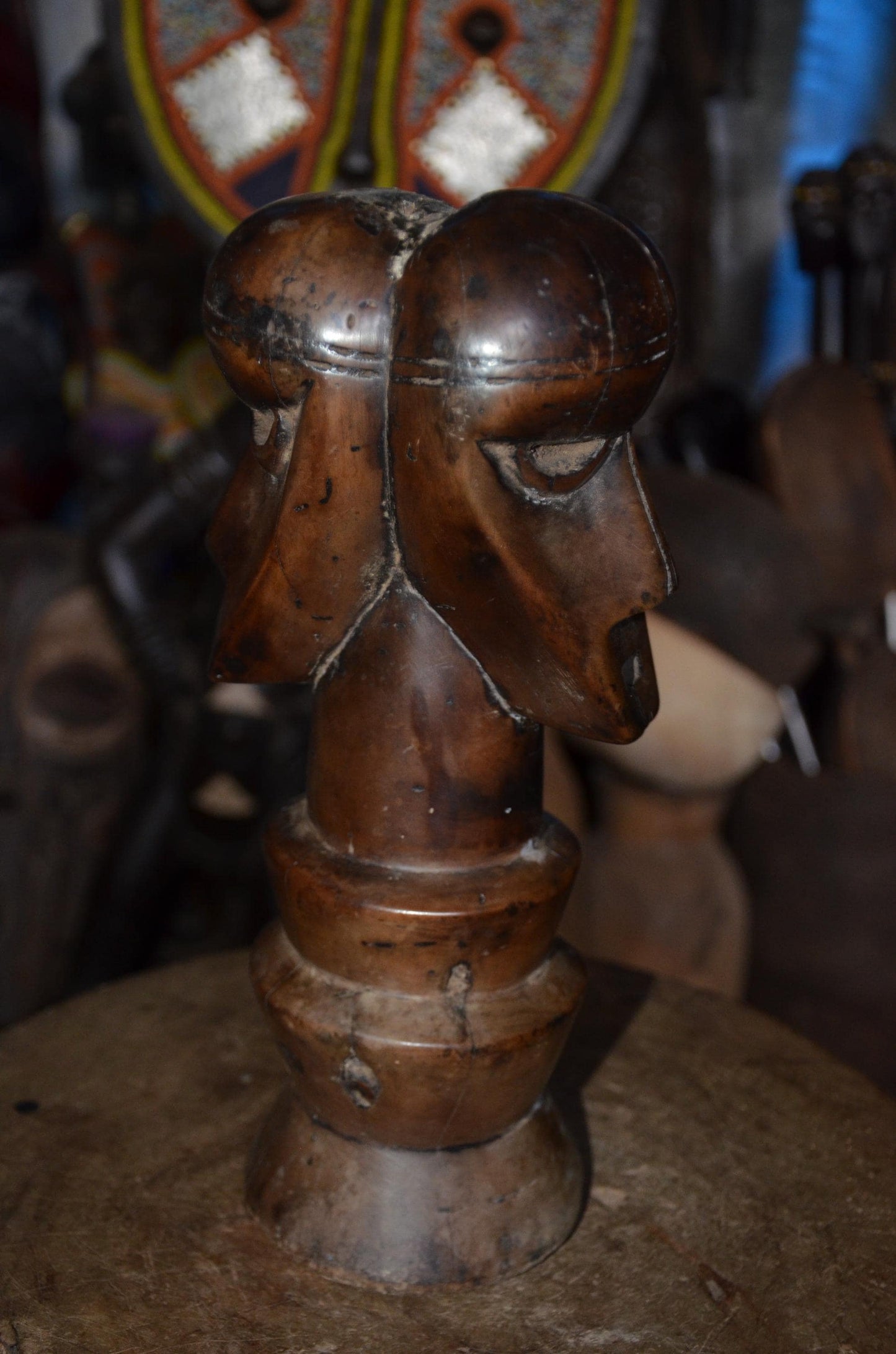 Authentic Songye Kifwebe Head Sculpture - 12" Hand-Carved Wood Ancestor Bust on Ringed Pedestal, Polished Mahogany Patina.