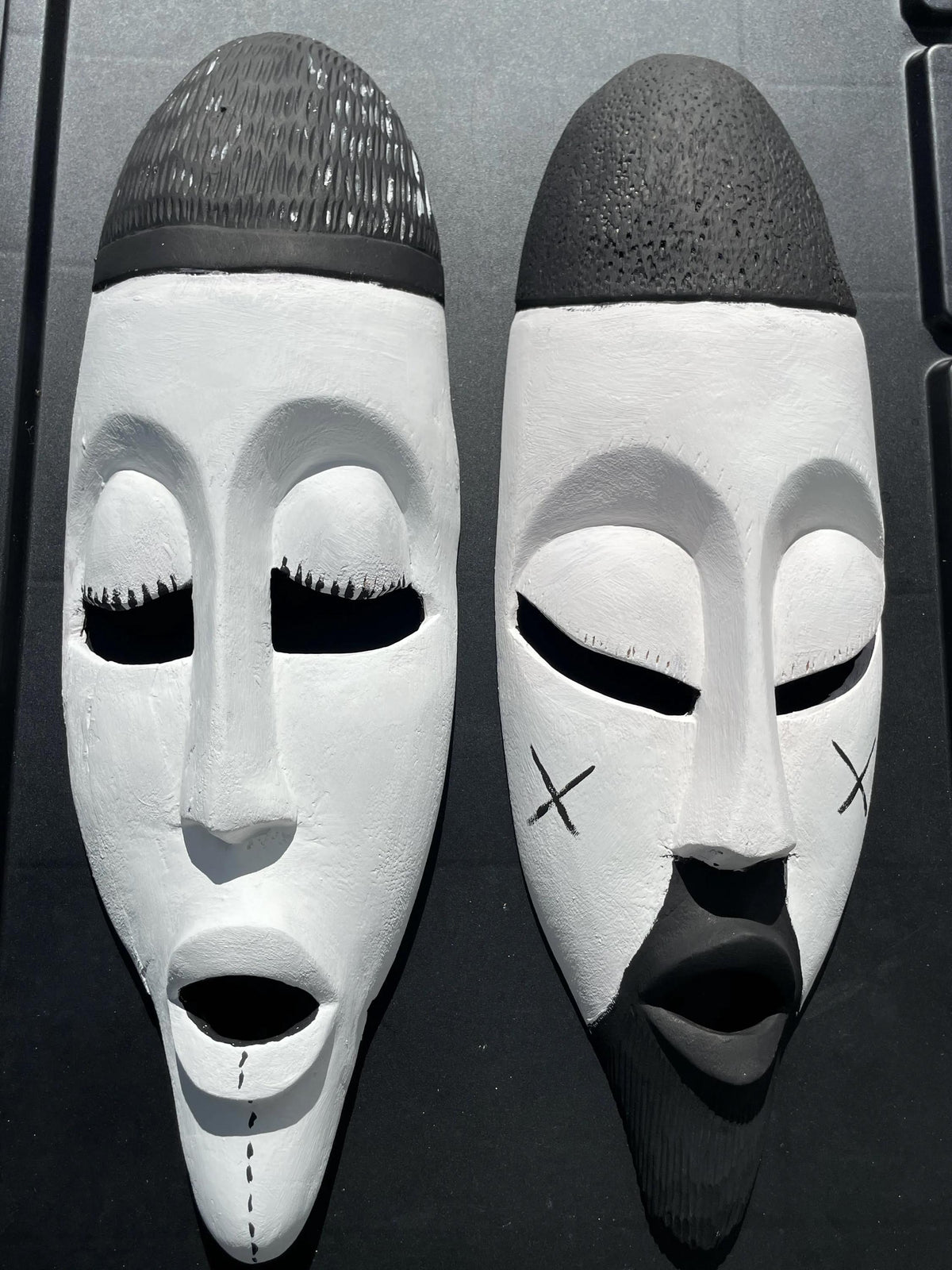 Rwandan Bagiri Mask Pair â€“ 17" Hand-Carved African Wood Wall Art, Black & White Face Masks
